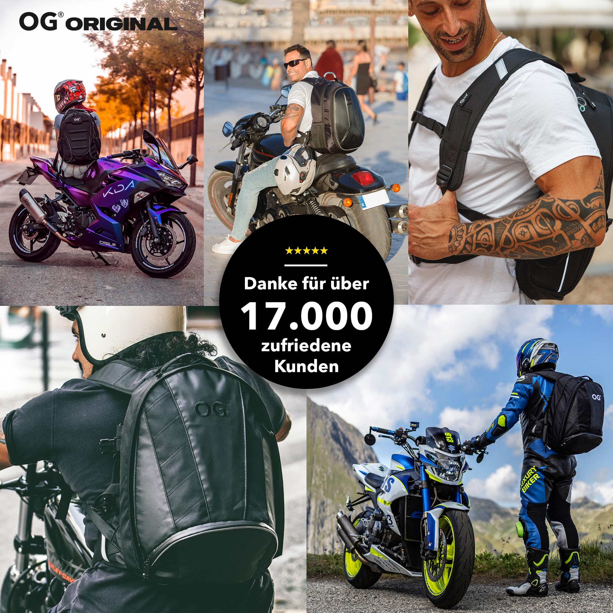 OG Original EZ-RiderPRO Motorrad Rucksack Schwarz Erweiterbar 28-35L, Motorradhelm-Tasche, Helm-Trageriemen, Wasserdicht, Laptop-Fach, Reflektierend, Schwarz Logo