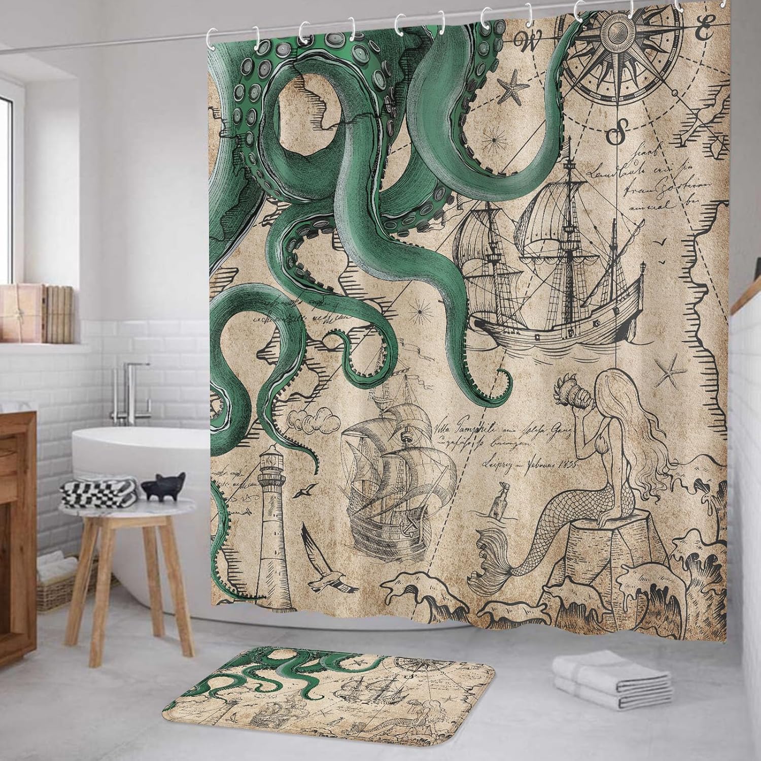 Fungarth Vintage Nautical Octopus Bathroom Rugs Mat Green Ocean Kraken Mermaid Bath Rug Water Absorbent Non Slip Shower Mat Anchor Coastal Map Memory Foam Bath Mats for Bathroom Decor 32×16In