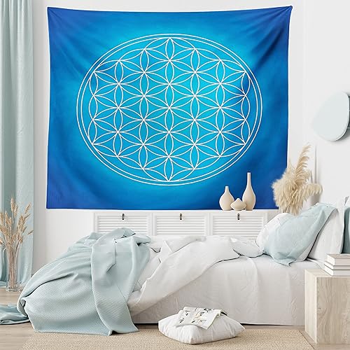 Ambesonne Tapiz geométrico, patrón de cuadrícula de flores de la vida que consta de tipos de círculos superpuestos, colgante de pared ancho para