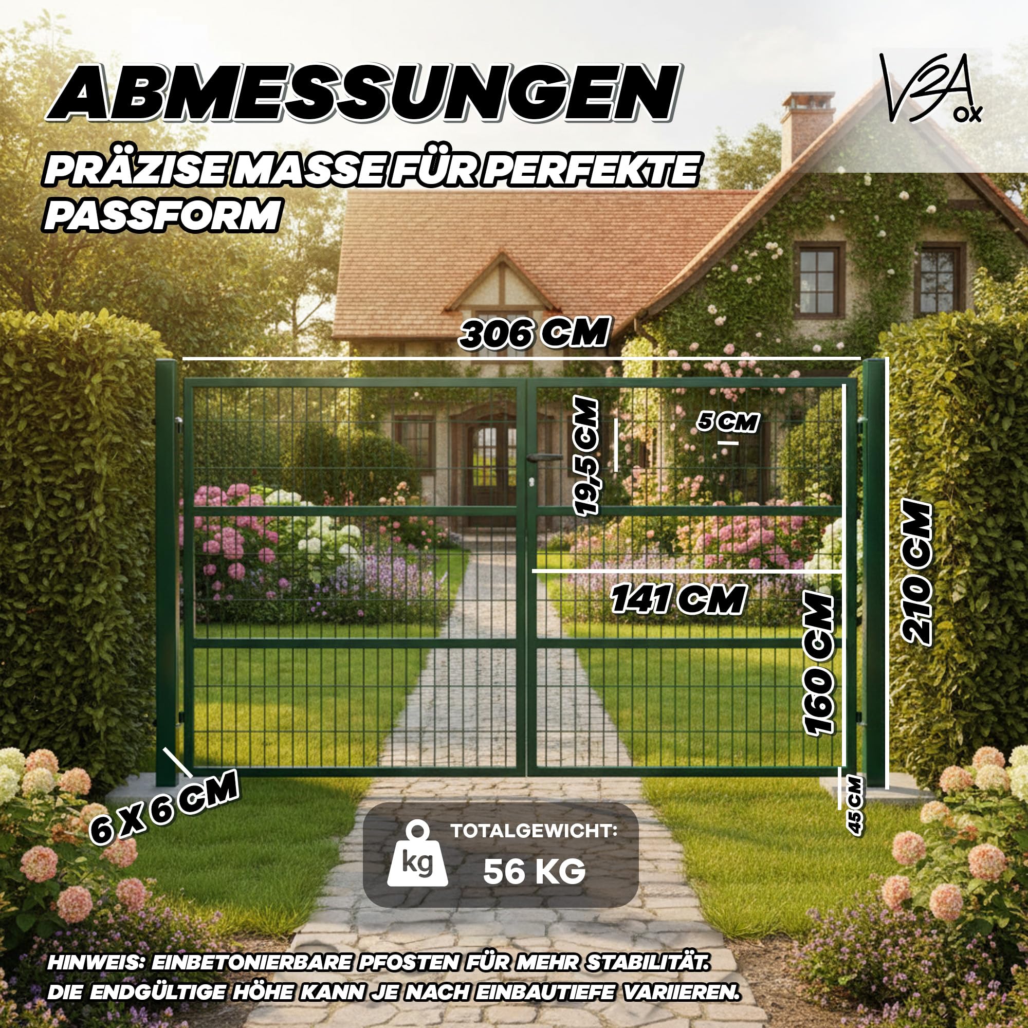 Gartentor Tor Gartenzaun Zaun 300x160 cm Doppelflügelig Gartentür aus Metall für Stabmattenzaun Abschließbar inkl. Pfosten Grün
