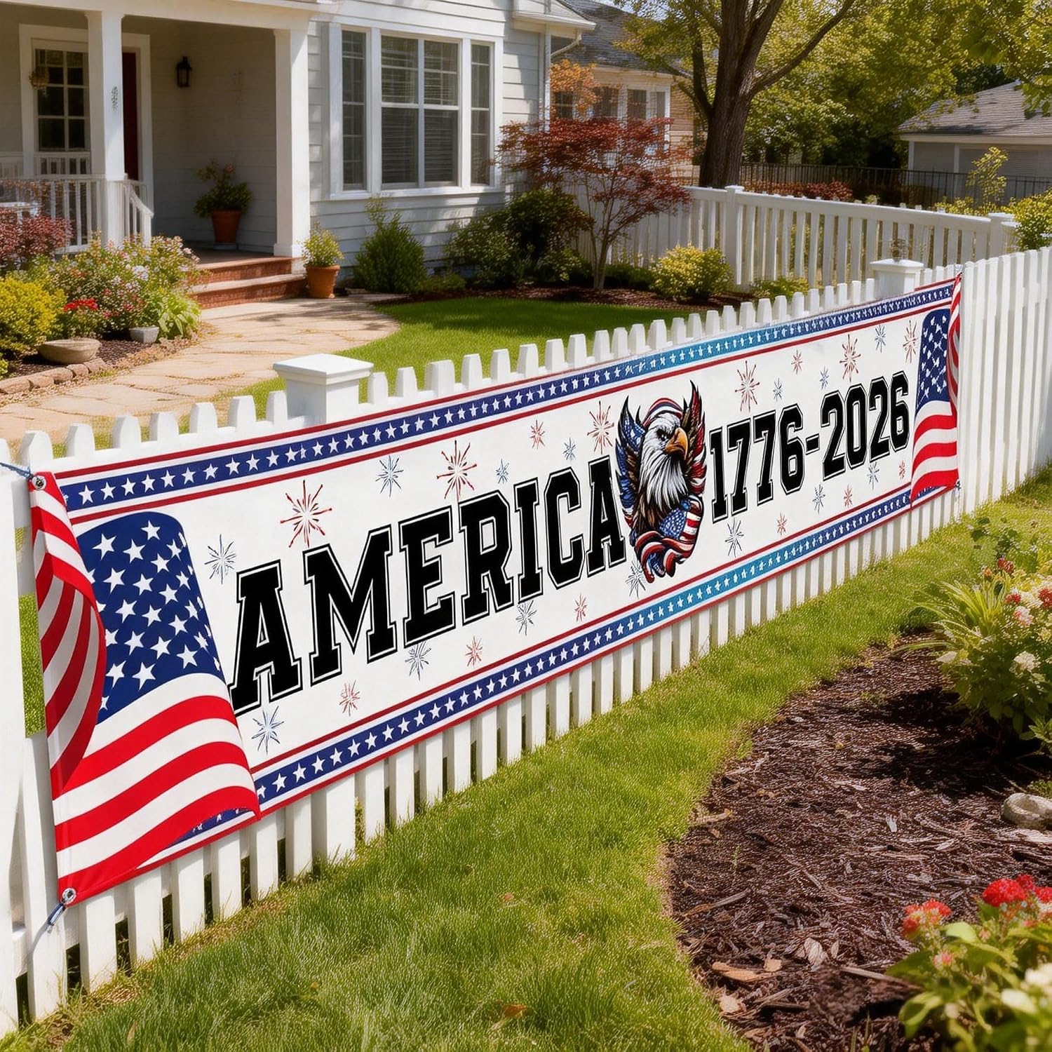 250th Anniversary Banner, 1776-2026 USA Patriotic Outdoor Sign, 4th of July Home Garden Red White and Blue Decoration 120 x 20 inch