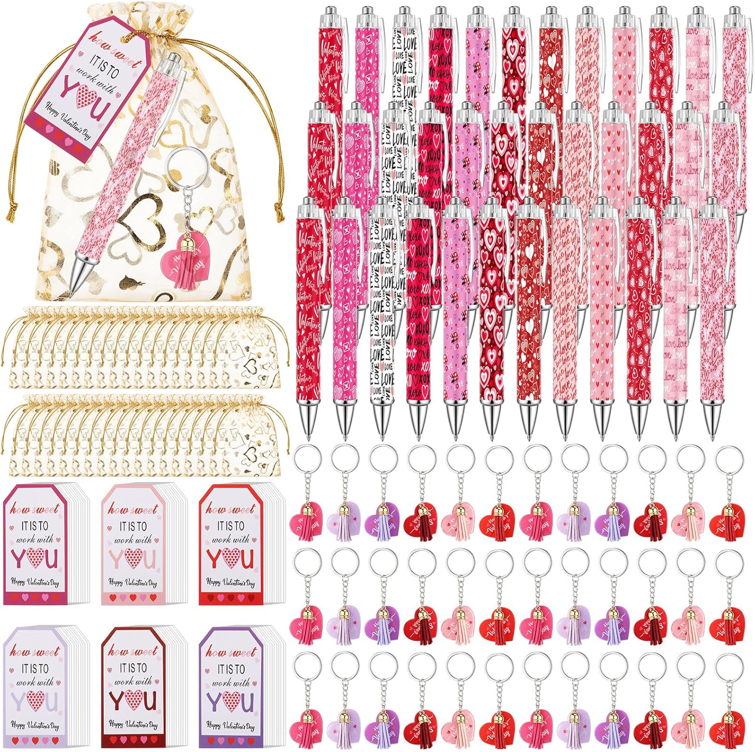 Kenning 144 Pcs Valentine's Day Gifts Bulk Ballpoint Pens Heart Shaped Keychains Motivational Greeting Cards with Bags Inspirational Employee Appreciation Gifts Set for Exchange Office Supplies