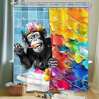 Riyidecor Funny Monkey Shower Curtain 60Wx72H Inch Kids Boys Cute Animal Bathing in Bathtub Colorful Oil Painting Bubbles Hilarious Modern Duck Bathroom Decor Fabric Polyester Waterproof 12 Pack Hooks - Buy now
