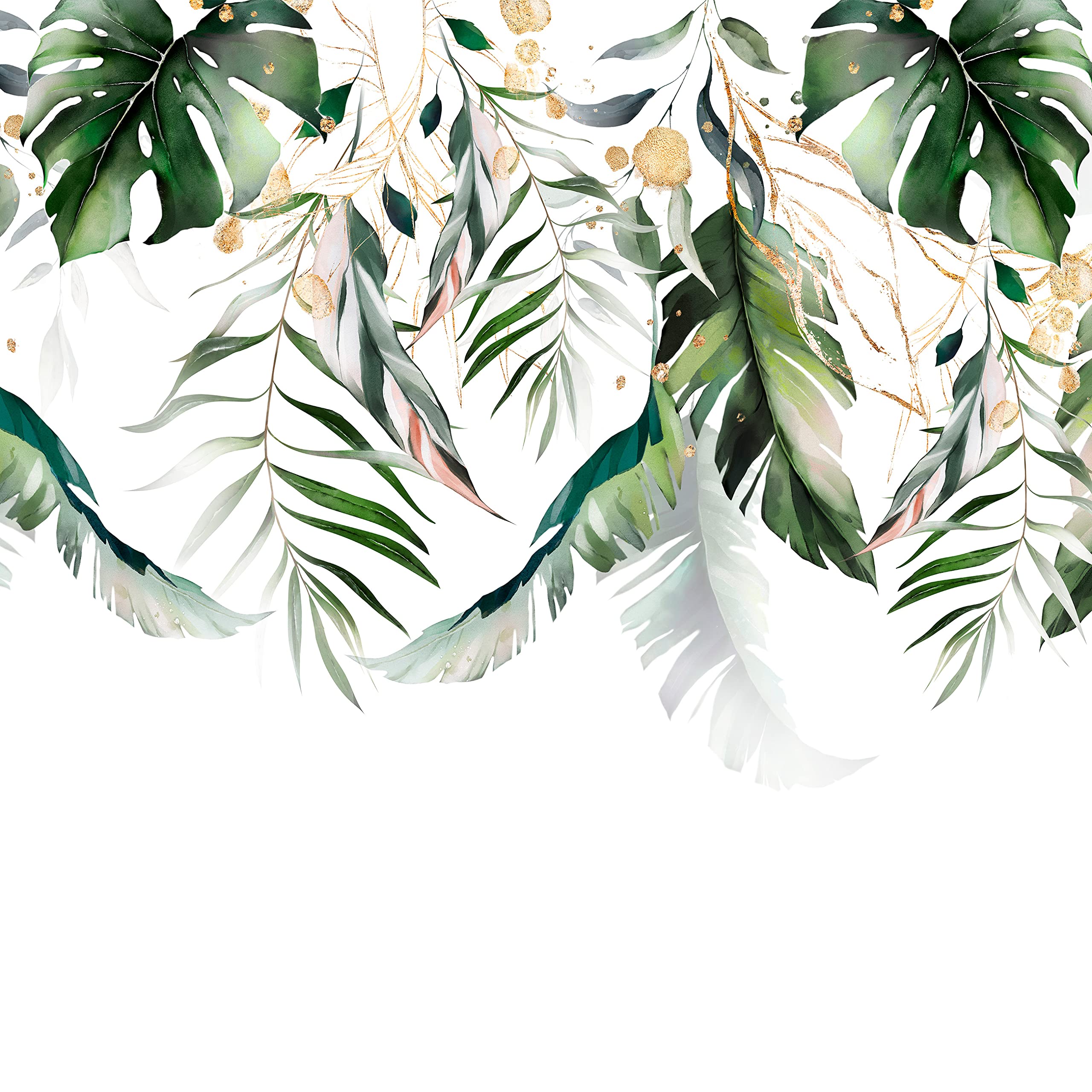 Fototapeta z liście, zielono-złota, monstera, roślina liście, do salonu, sypialni, tapeta ścienna, nowoczesna tapeta z włókniny, druk lateksowy, odporna na działanie promieni UV, gotowa do montażu (14128, V8 (368 x 254 cm) 4 pasy)