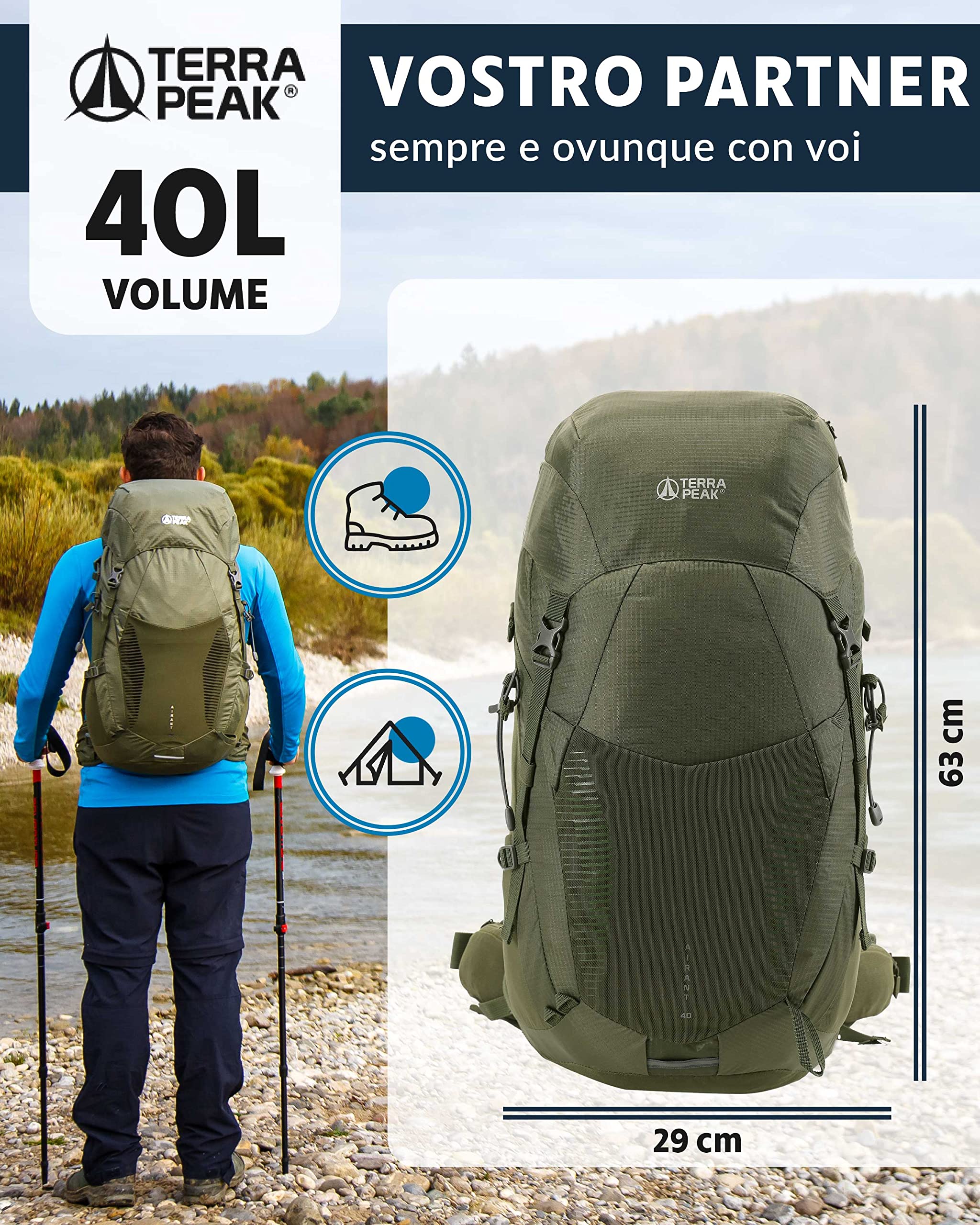 Terra Peak® Zaino da Trekking 20, 30, 40 litri per uomo e donna (AIRANT) - Zaino da escursionismo, viaggio e alpinismo ergonomico e impermeabile con ventilazione posteriore (traspirante)