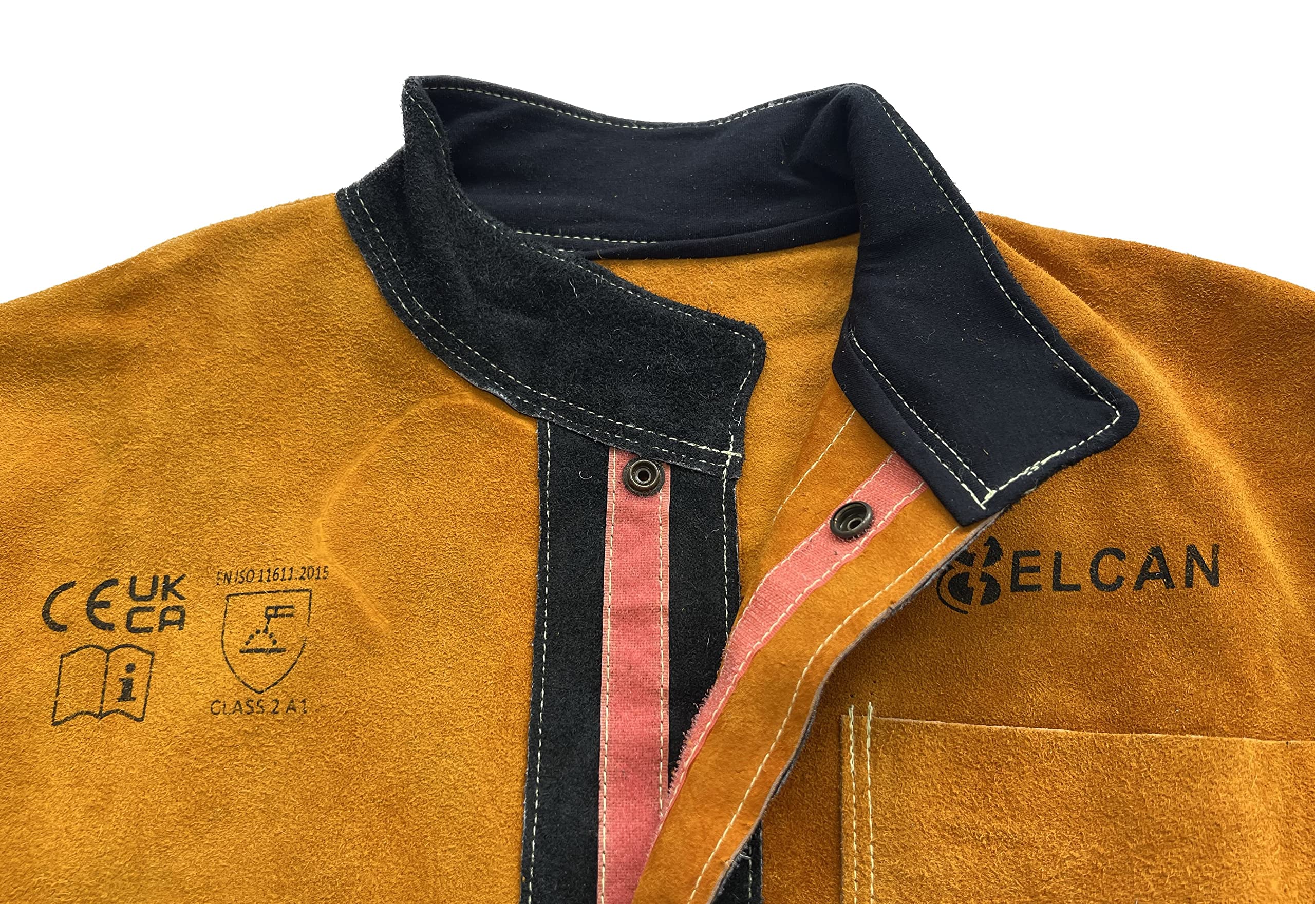 ELCAN Chaqueta de soldadura profesional de cuero amarillo y negro ignífugo resistente al calor, ropa de trabajo para soldar electrodo, TIG, MIG, MAG, barbacoas, chimeneas, hornos… (Talla L)