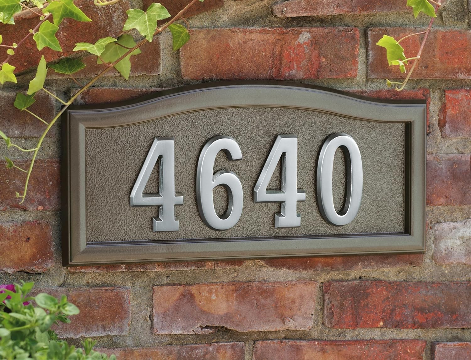 Softcurve Address Plaque with Factory Installed Floating 4 Inch Solid Brass Numbers. For Home or Business. 3 Plaque Colors and 5 Number Finishes. Includes mounting hardware and template for easy installation. (Black with Satin Nickel Numbers)
