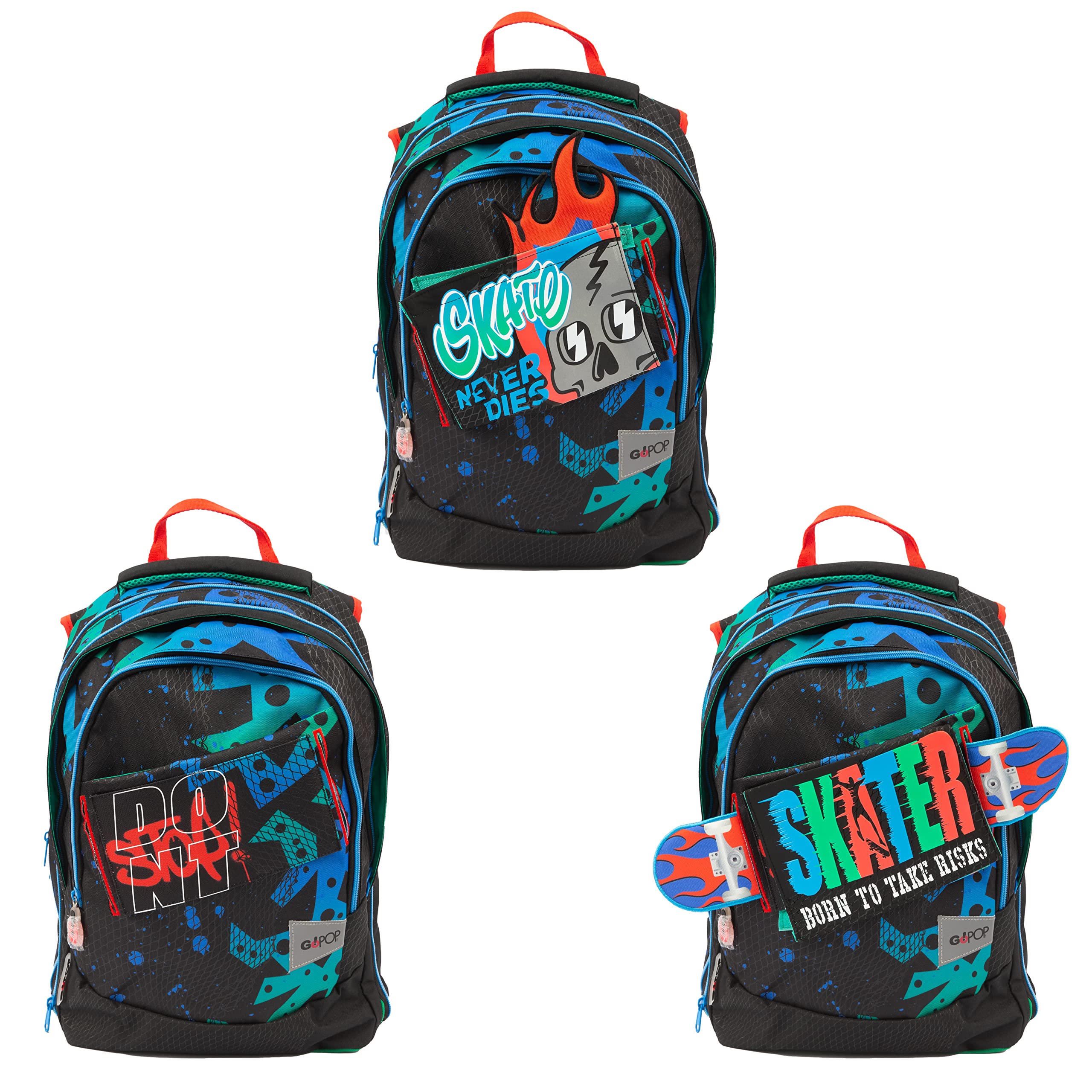 Go Pop - Zaino Estensibile - con 3 Grafiche Frontali Intercambiabili e Pop-Up, 3 Scomparti con cerniera, Schienale e Spallacci Imbottiti, adatto alla scuola primaria, 31 l x43 h x17,5 p cm