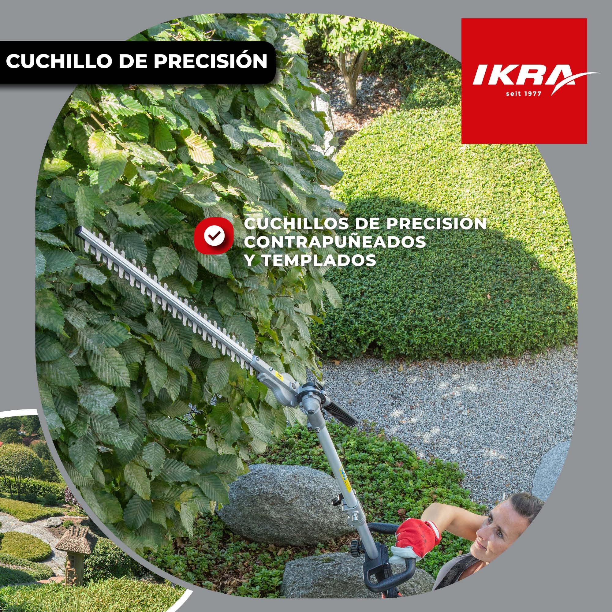 IKRA Herramienta multifunción IBKH 33-1 de Gasolina 4en1, 32,6 cm³, 1,0 kW | 4 herramientas en una: desbrozadora, cortabordes, cortasetos y podadora, motor de 2 tiempos y sistema de arranque fácil