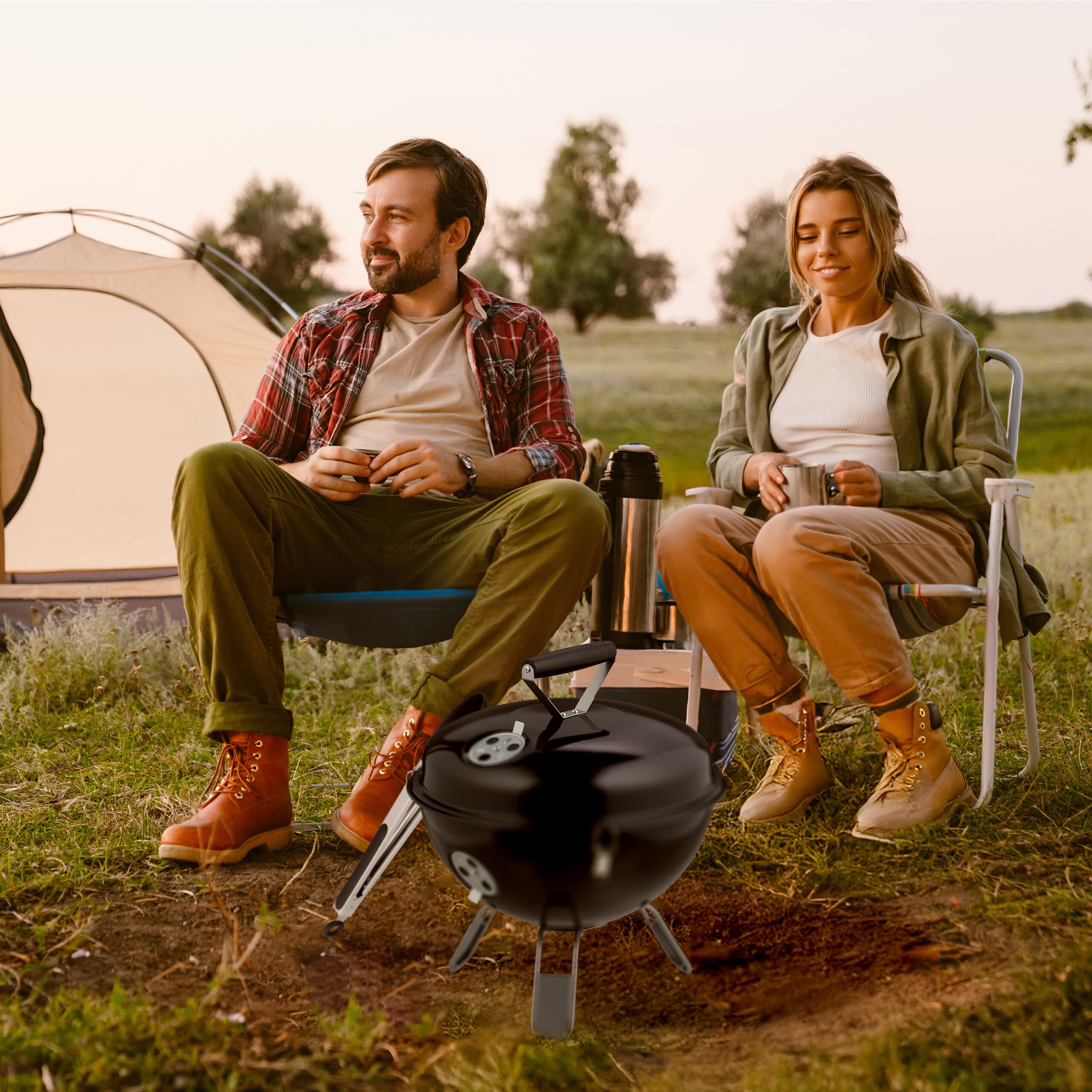 Relaxdays Barbecue Portable, Grill Rond, Ø37 cm, pour Table, Jardin, Balcon, avec Couvercle, bac à Charbon & Pince, Noir