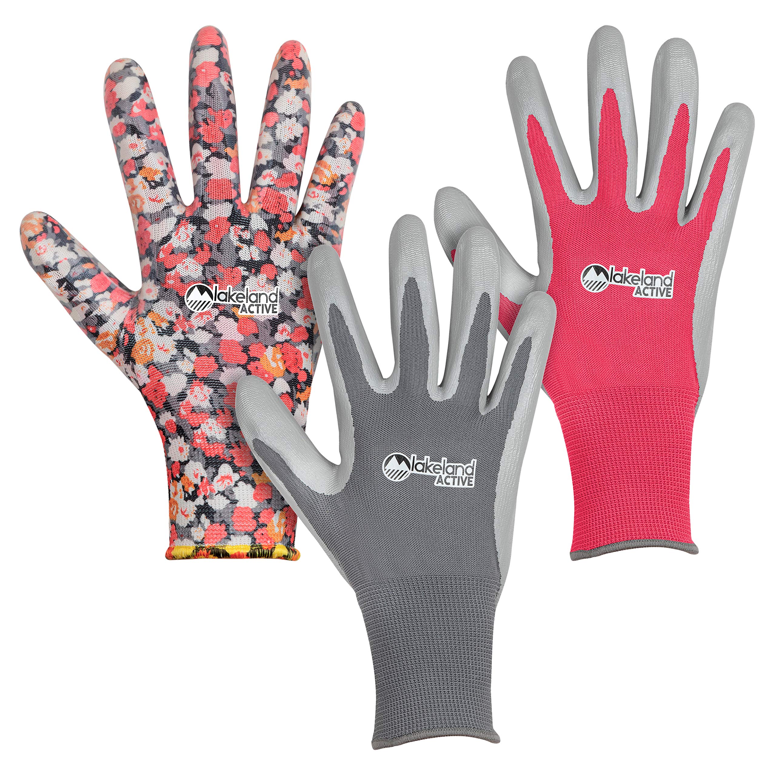 Lakeland Active 3 Pairs Orton Weed & Seed Gardening Gloves - Slate Grey & Fuchsia Pink & Floral - Medium