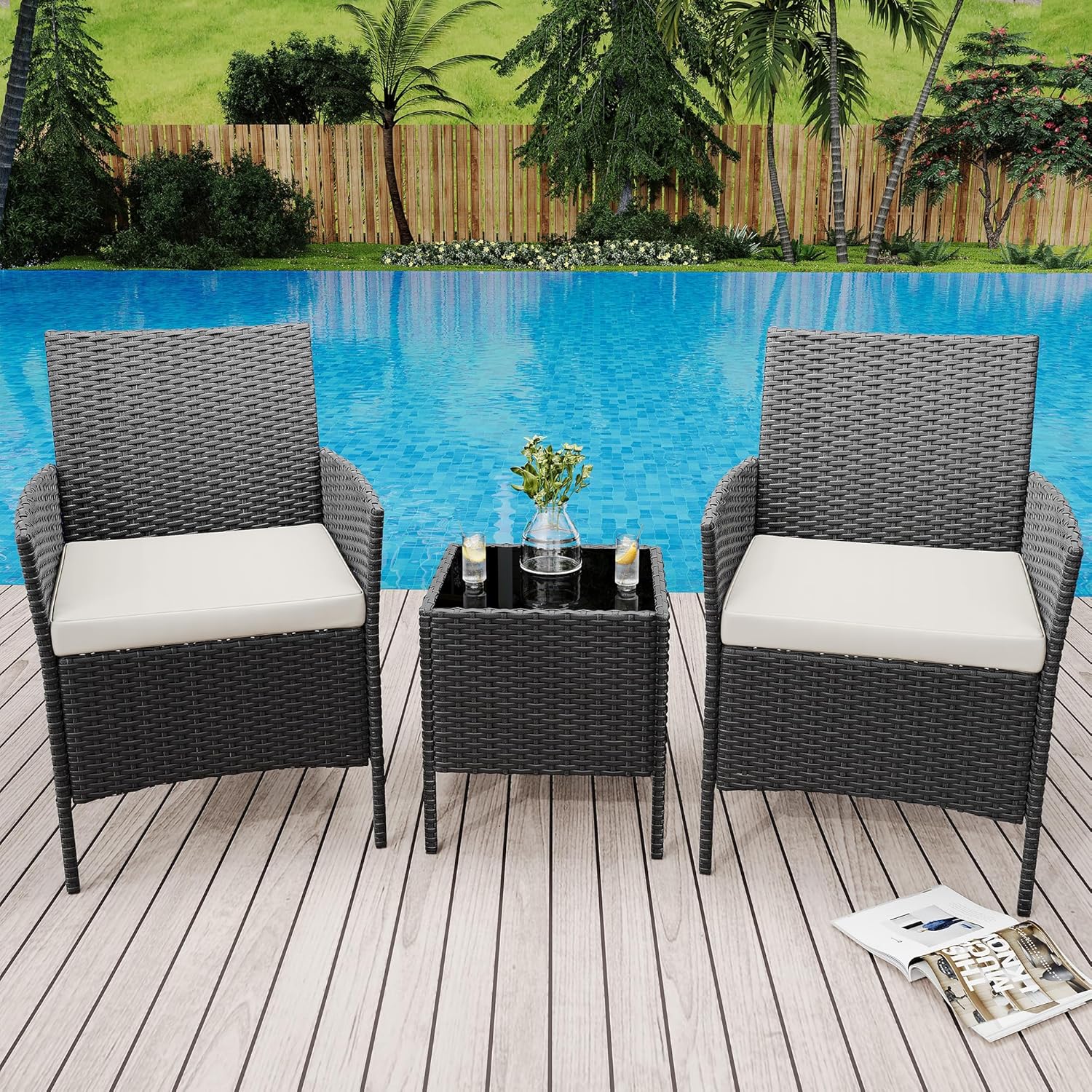 3 Piece Outdoor Patio Furniture Set, Lawn Wicker 2 Chairs w/ Glass Coffee Table, PE Rattan Patio Bistro Sets w/ Thick Cushion, Balcony Furniture Sets for Apartments, Pool, Porch, Backyard,Deck(Black)