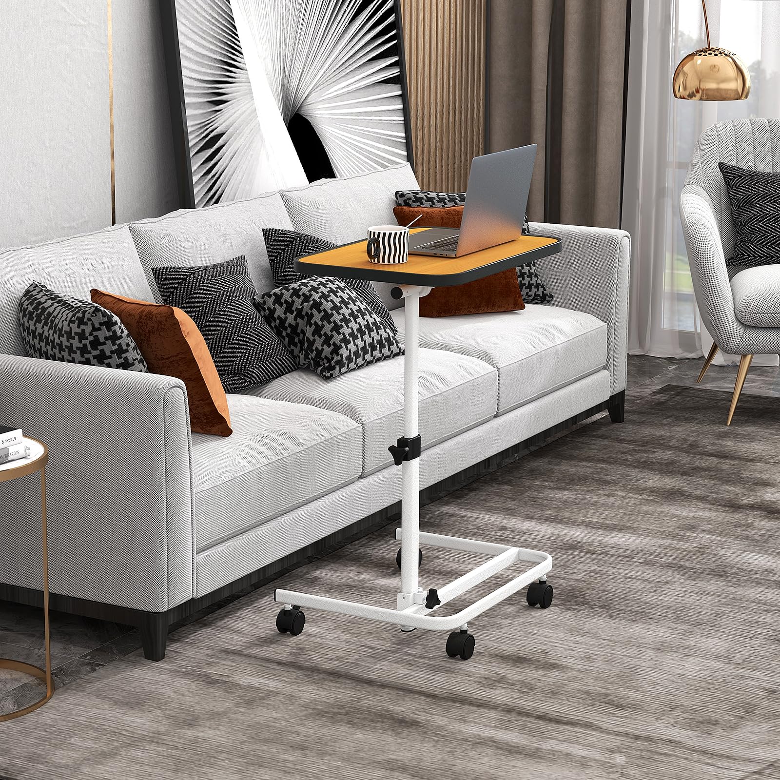 COSTWAY Tavolino da Letto e Divano con Ruote Bloccabili, Tavolino Porta PC con Altezza Regolabile in 9 Posizioni e Piano Inclinabile, Tavolino Servitore Letto per Mangiare e Lavorare (Legno)