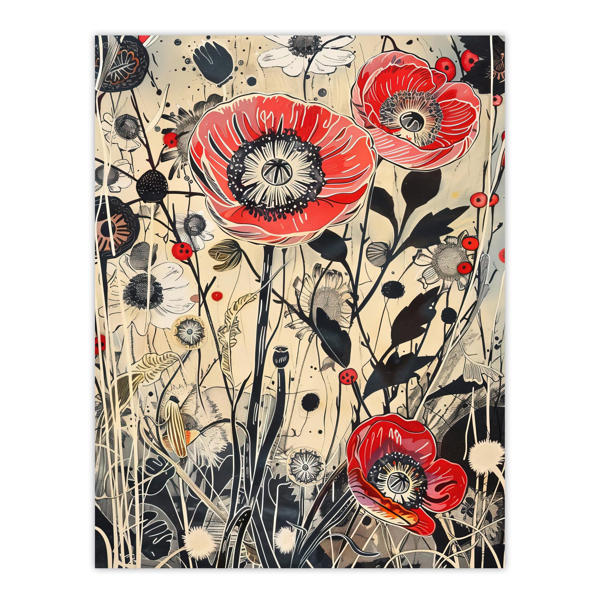 Artery8 Wildflower Field Spring Poppy Flowers Painting Living Room Large Wall Art Poster Print Thick Paper 18X24 Inch
