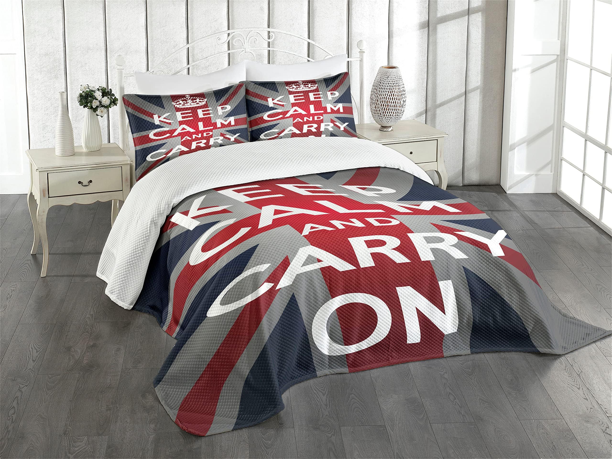 Ambesonne Union Jack Bedspread Set, Keep Calm and Cary on Words Crown United Kingdom Britain Flag, 3 Piece Decorative Bedding Coverlet and 2 Pillow Shams, Queen Size, Navy Blue Red White