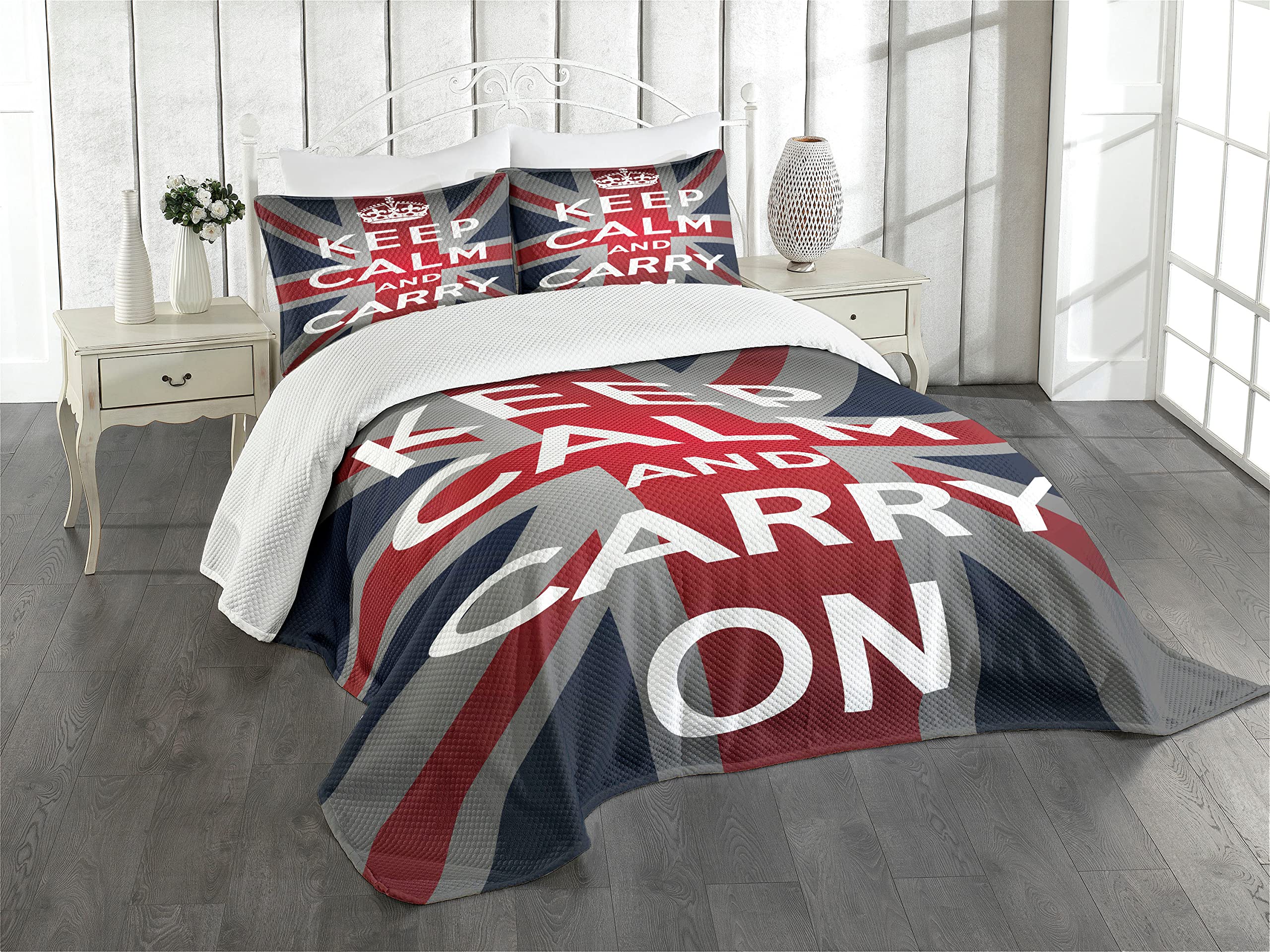 Ambesonne Union Jack Bedspread Set, Keep Calm and Cary on Words Crown United Kingdom Britain Flag, 3 Piece Decorative Bedding Coverlet and 2 Pillow Shams, Queen Size, Navy Blue Red White