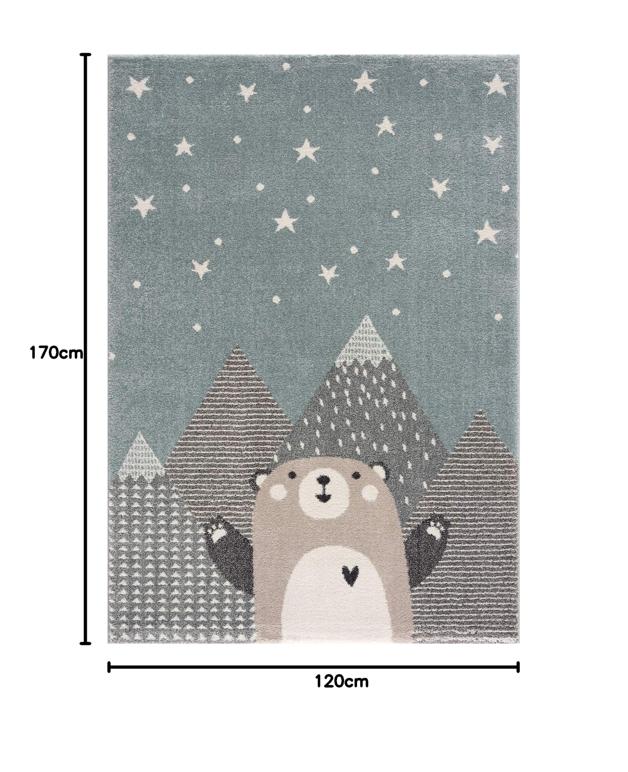 Dywan do pokoju dziecięcego, dla dzieci, dywan dla dziewczynki, z górami, misiem, pandą, w kropki i gwiazdy – turkusowo-beżowy, 120 x 170 cm