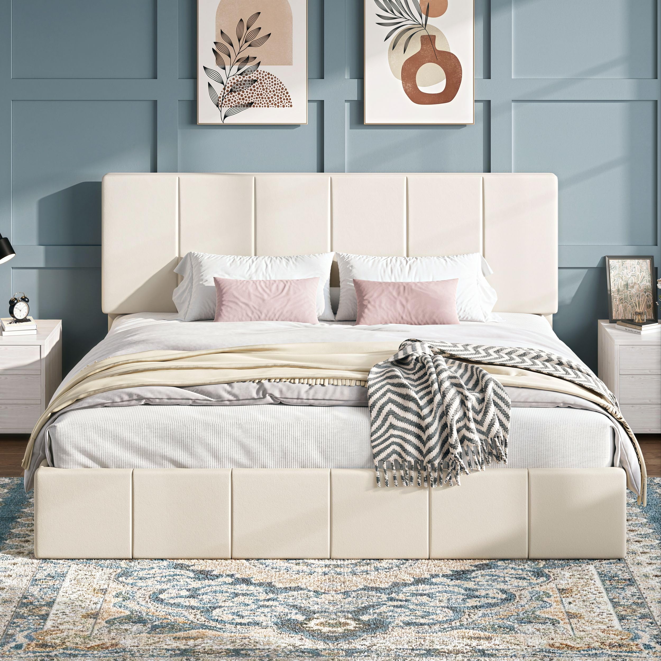 SHA CERLIN King Size Bed Frame, Velvet Upholstered Platform Bed, Cream