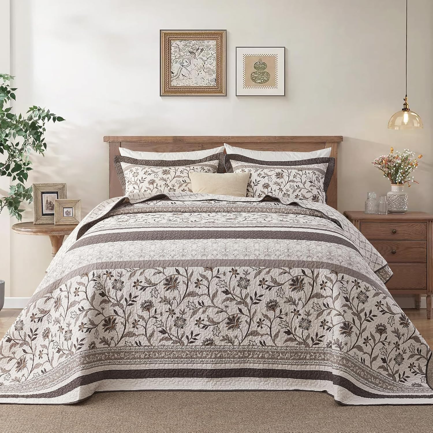 Farmhouse Oversized Bedspread Queen Size 102"x120" - 100% Cotton Lightweight Extra Large Quilt with 2 Pillowshams, Reversible Botanical Striped Pattern Bedding Coverlet, 3 Pcs, Brown/Coffee