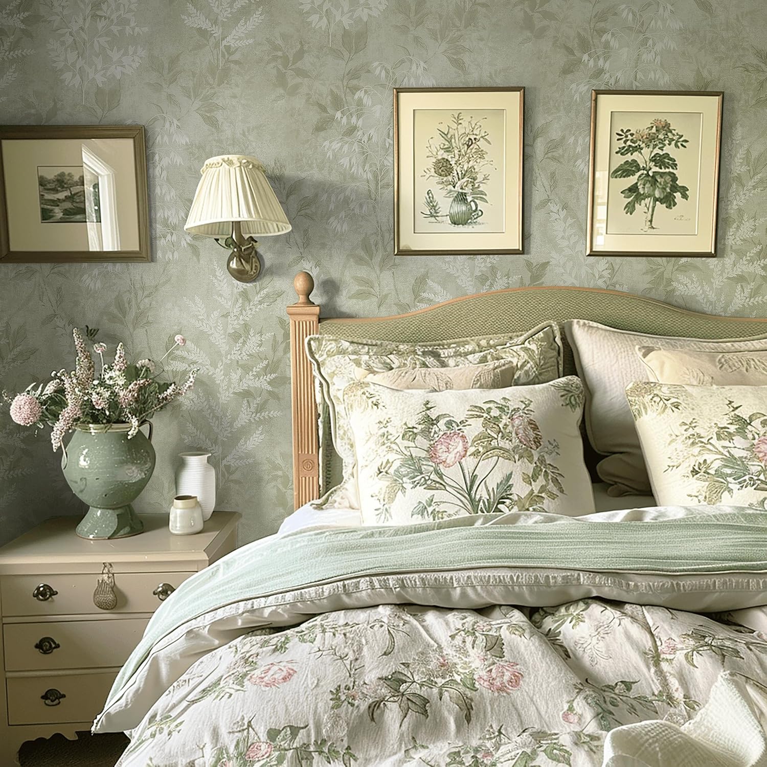 EeeComing Grass Green Vintage Plants Peel and Stick Wallpaper Cottage Self Adhesive Removable Easy Peel Off Stick on Wall Paper for Bedroom Living Room Kitchen Cabinet Renter 17.3in x 78.7in