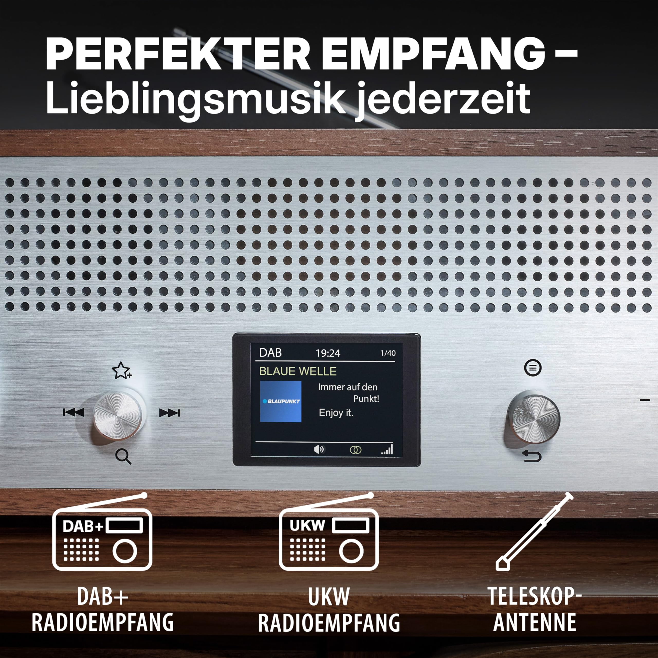 Blaupunkt Verona RXD 190 walnuss, DAB+ Radio Retro Design, Küchenradio mit Bluetooth 5.0, UKW Digitalradio in Holzoptik & Farbdisplay, AUX-In, USB Ladefunktion, 15 W RMS