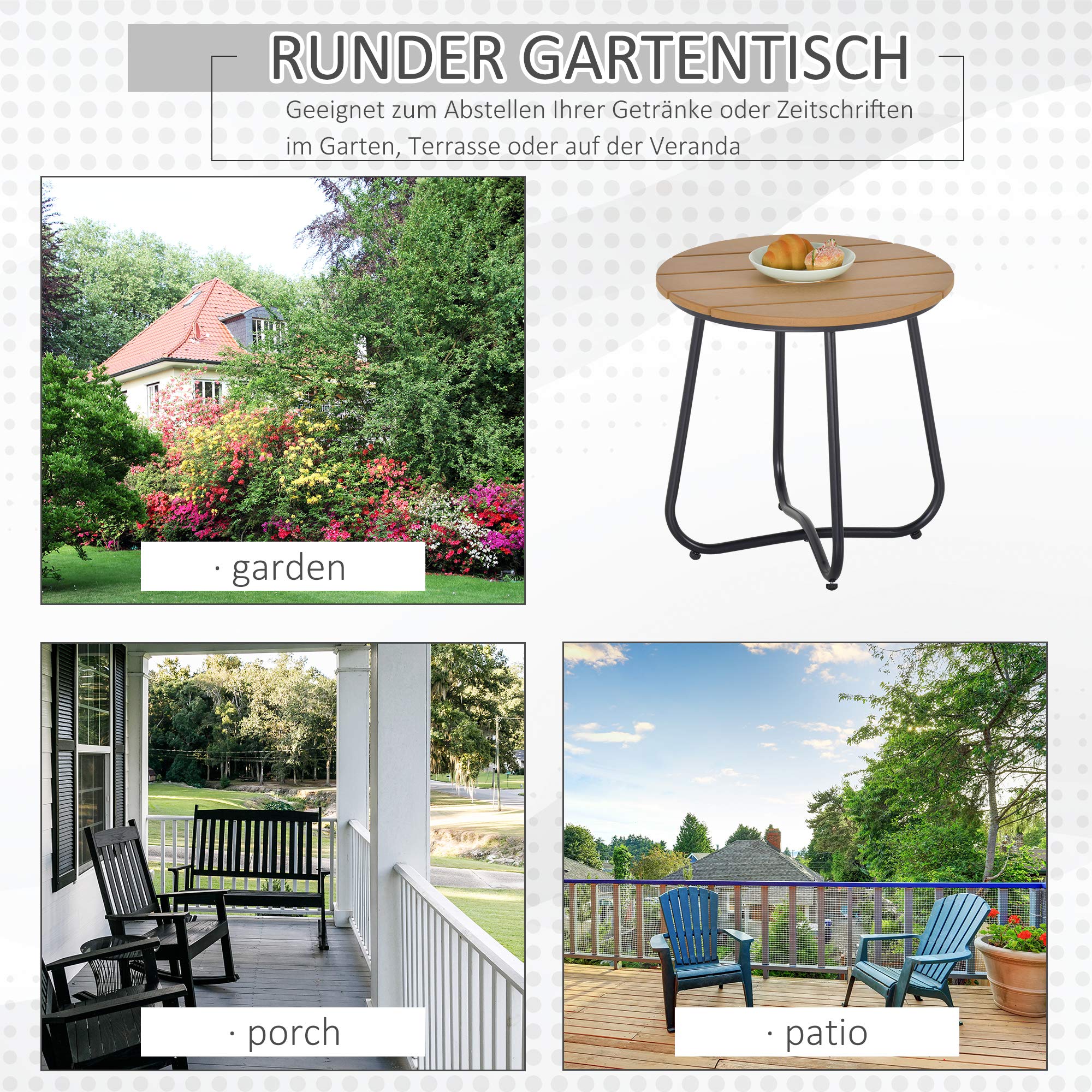 Outsunny Gartentisch Rundtisch elegant Gartenmöbel stabil verstellbare Füße Dekoration Garten Terrasse Wohnzimmer Stahlboden Braun Ø49 x 48H cm