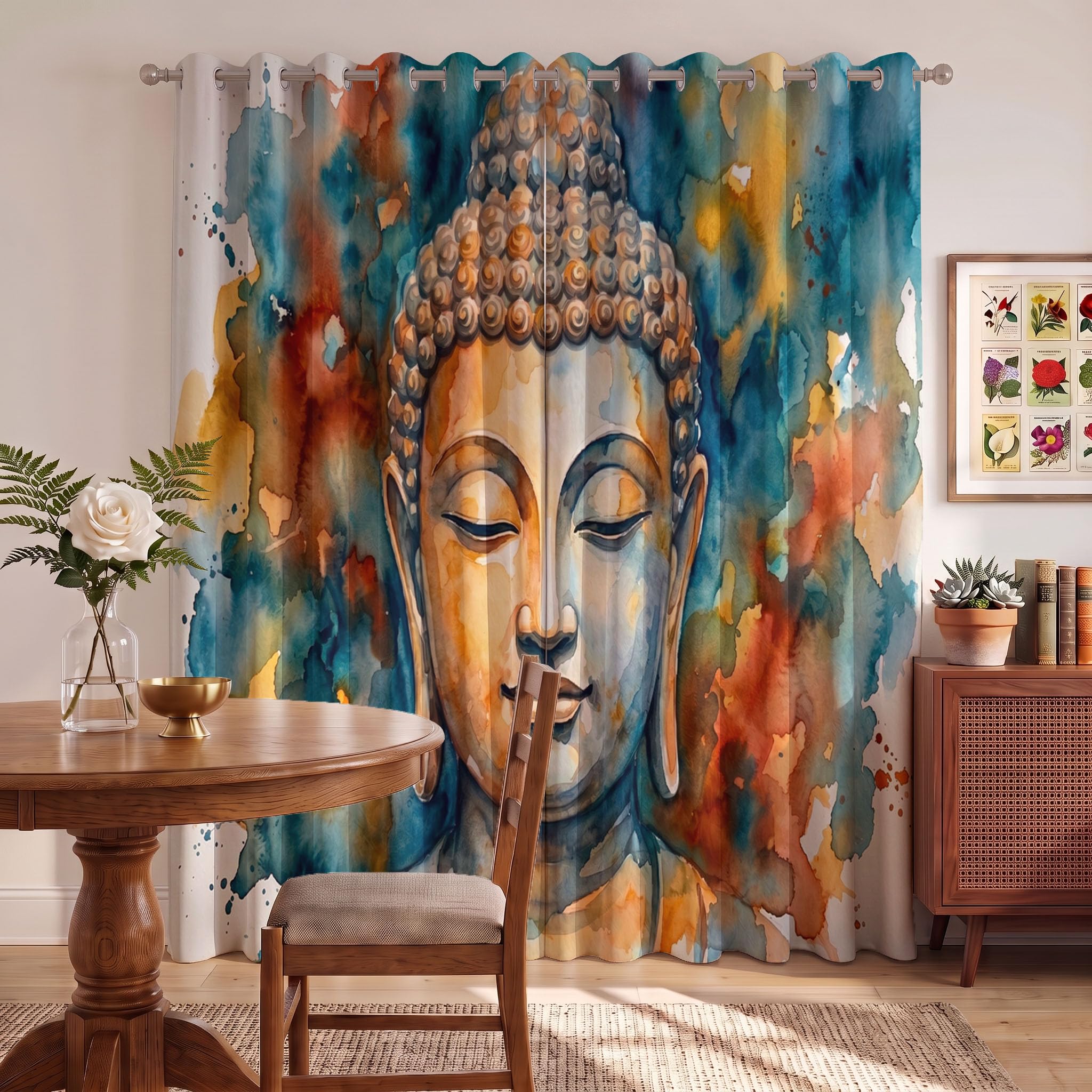 Tende oscuranti al 95% con Arte astratta per soggiorno | 160 cm di lunghezza, pannelli con Statua Buddha realizzata con acquerello e inchiostro. per camera da letto, tende isolate termicamente