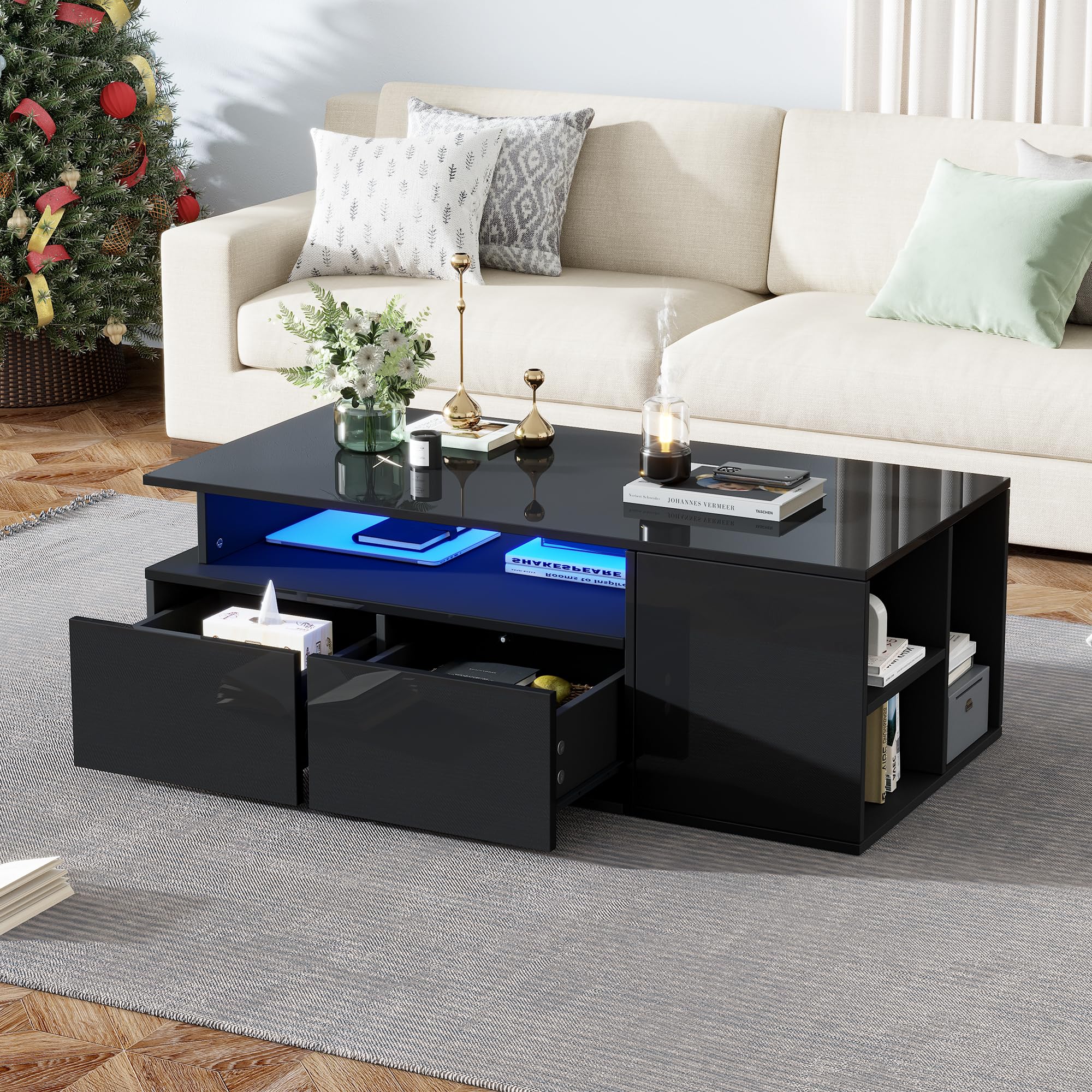 Merax High Gloss LED Coffee Table, Black Centre Table 100×50×35 cm with 2 Drawers & Open Shelves, Modern Living Room Sofa Side Table