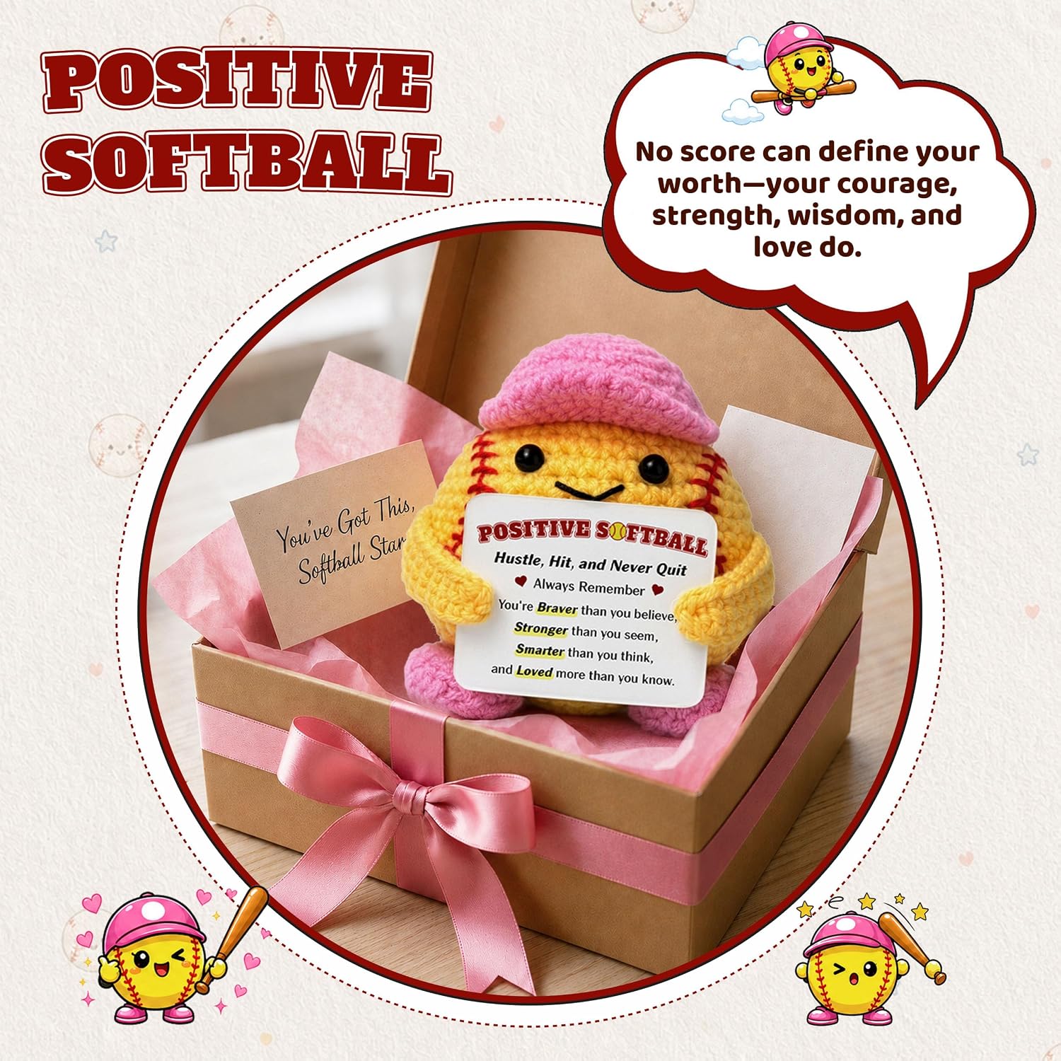 Positive Crochet Softball Gift for Players Girls Teammates Coach, Cute Handmade Softball Desk Decor, Encouragement Gift for Teen Girls, Sport Lovers