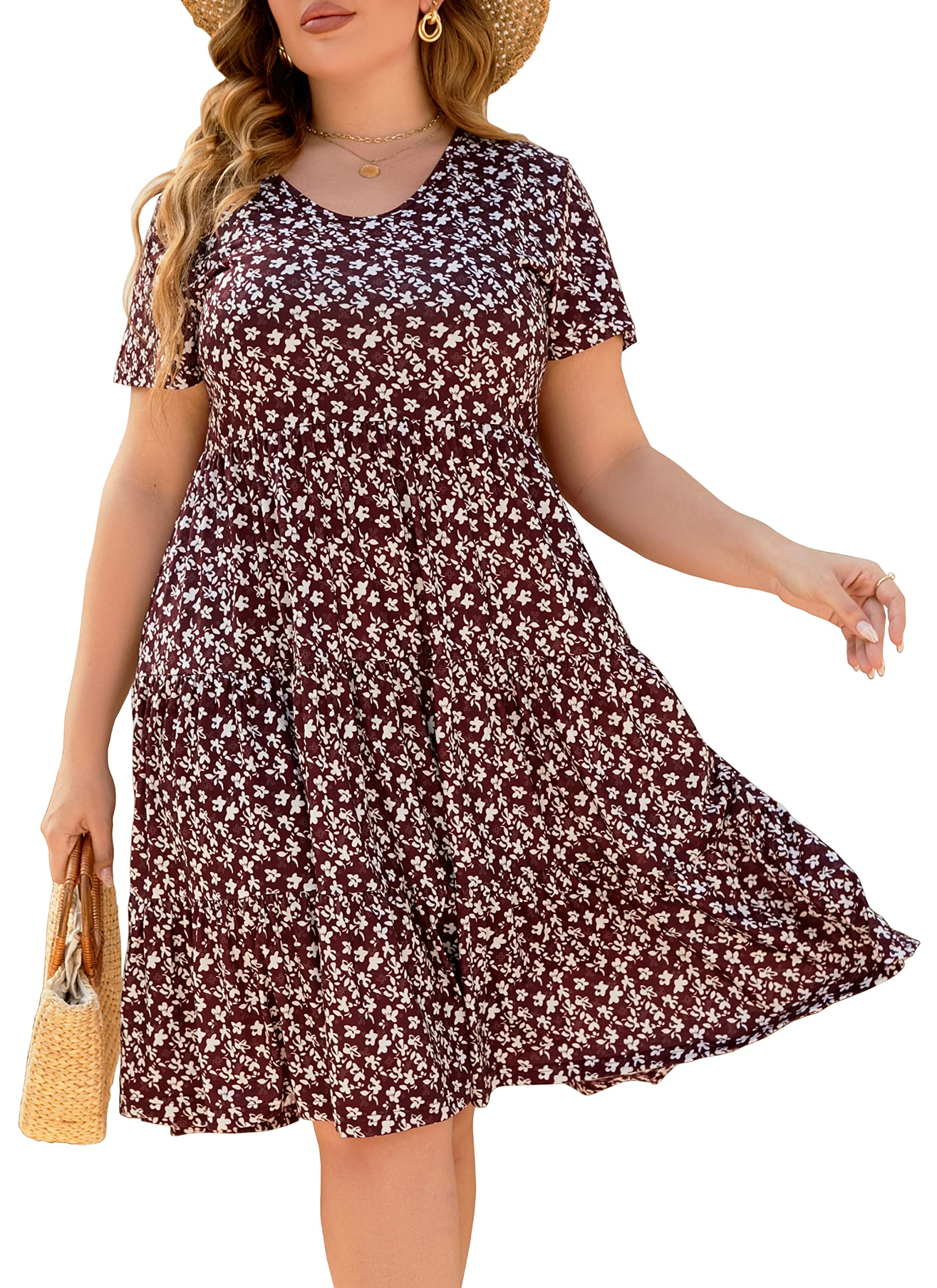 Younrui Plus Size Casual Summer Midi Floral Dresses for Women