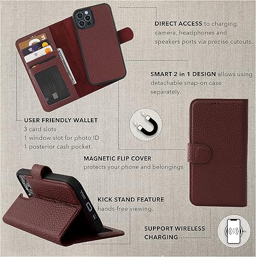 Miniatura 2 de HARDISTON Funda tipo cartera de cuero genuino de alta calidad hecha a mano para iPhone 14, compatible con MagSafe, funda magnética desmontable con