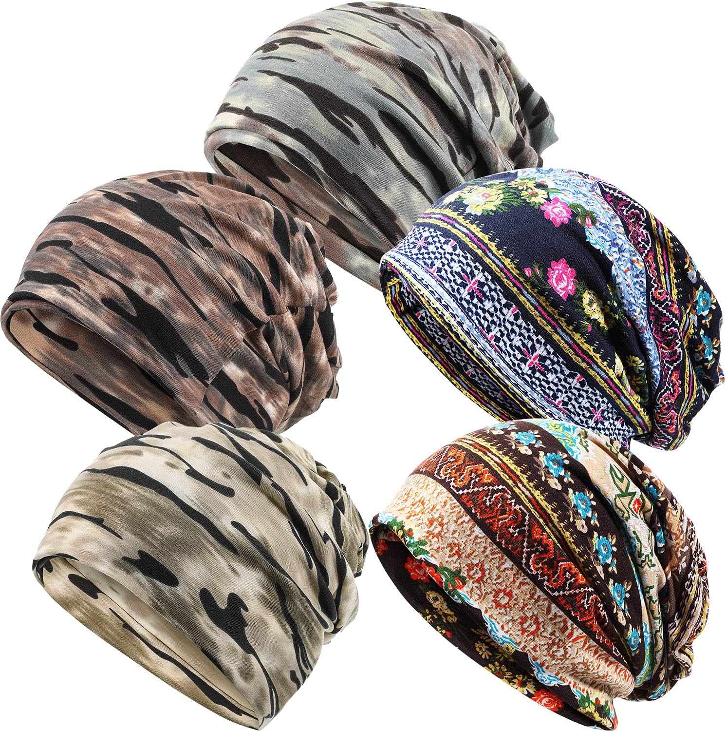 SATINIOR 5 Pieces Women's Slouchy Beanie Chemo Hat Stretch Cancer Head Wraps Sleep Head Scarf for Cancer Patient