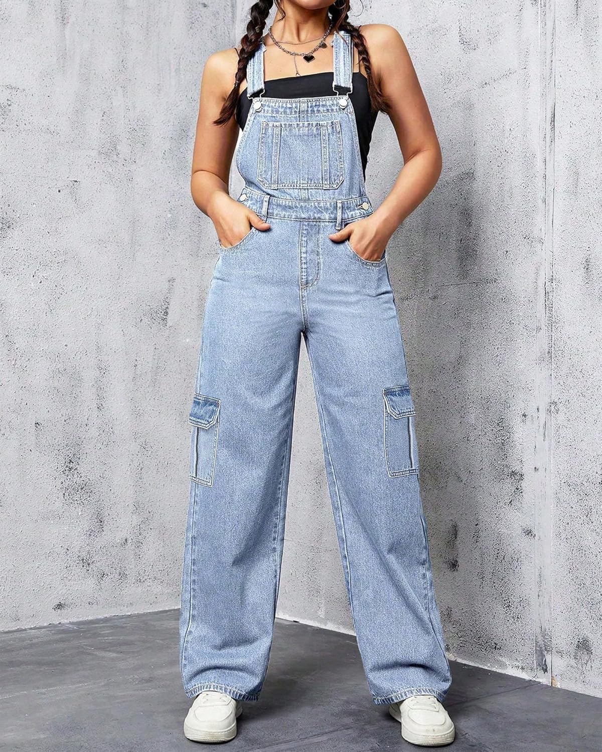 Womens Overalls Demin Wide Leg Cargo jumpsuit Loose Fit Bib Baggy Jean Overalls Adjustable Straps for Women. - Image 6