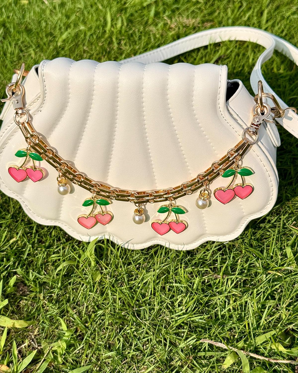 Cute Cherry Bag Chain Keychain with Pearl, Pink Bow Purse Charm, Trendy Handbag Bag Charm Keychain Accessories for Women - Image 2