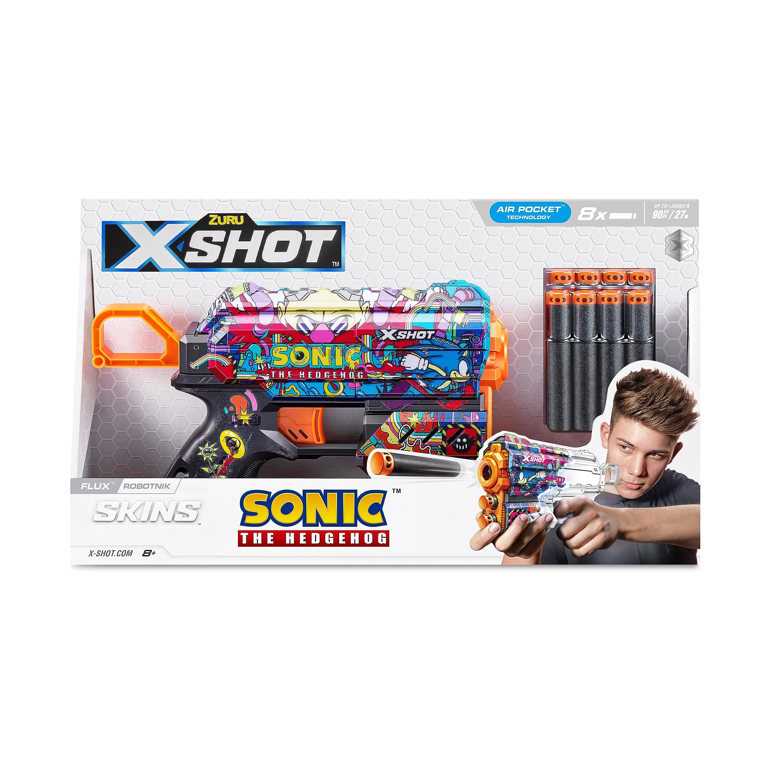 Skins Sonic the Hedgehog Blaster β Foam Dart Blaster with Air Pocket Technology, Fire Distances Upto 27m/90ft, Customized Sonic Design, Easy Reload, Foam Blaster for Kids and Collectors - 030305