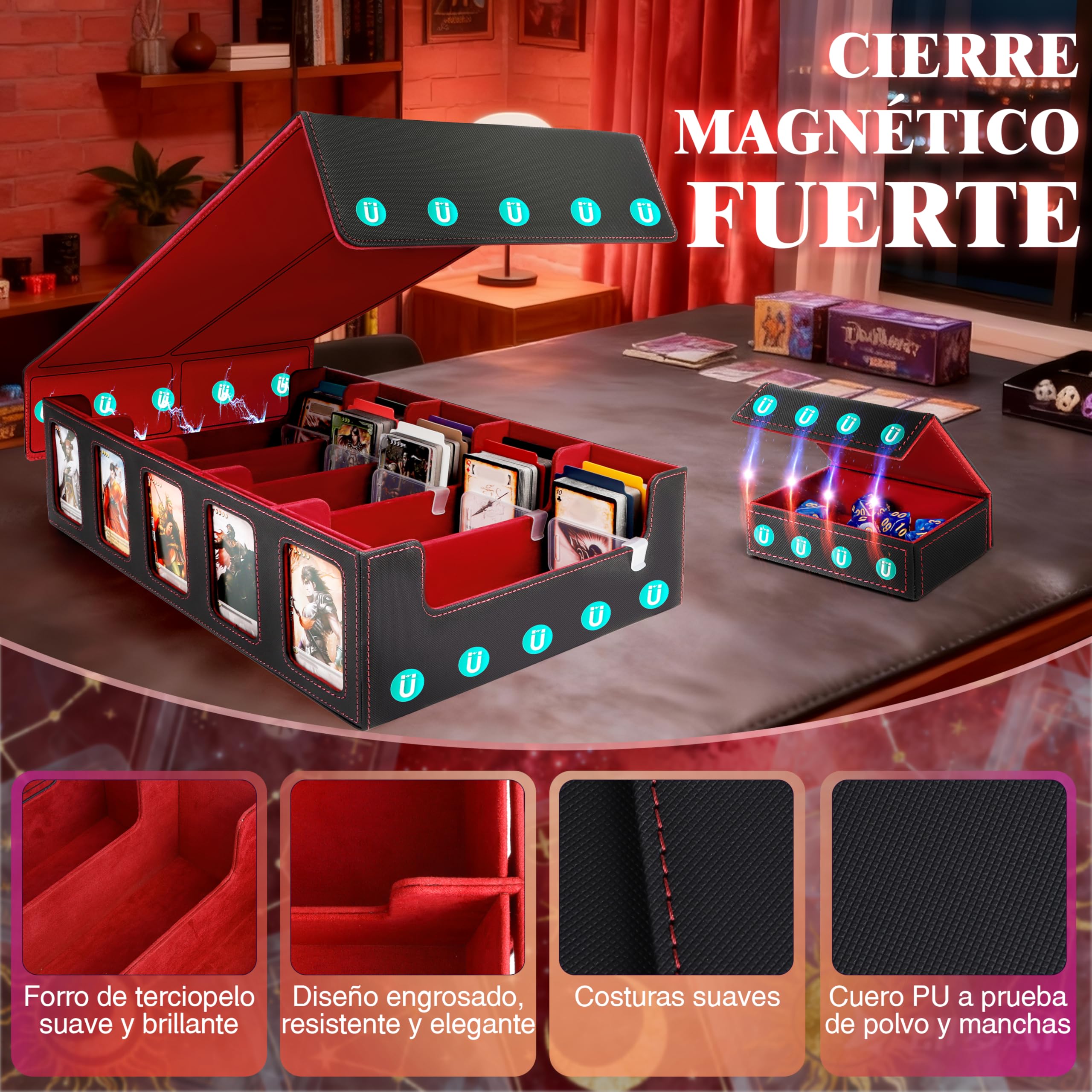 Charmofun Caja Cartas Magic para 2400+ Cards, Deck Box con 10 Divisores de Colores,1 Bandeja, 4 Clips De Cierre, Fundas Cartas, Cajas de Cubierta Magnéticas Premium (Rojo, 3000+)