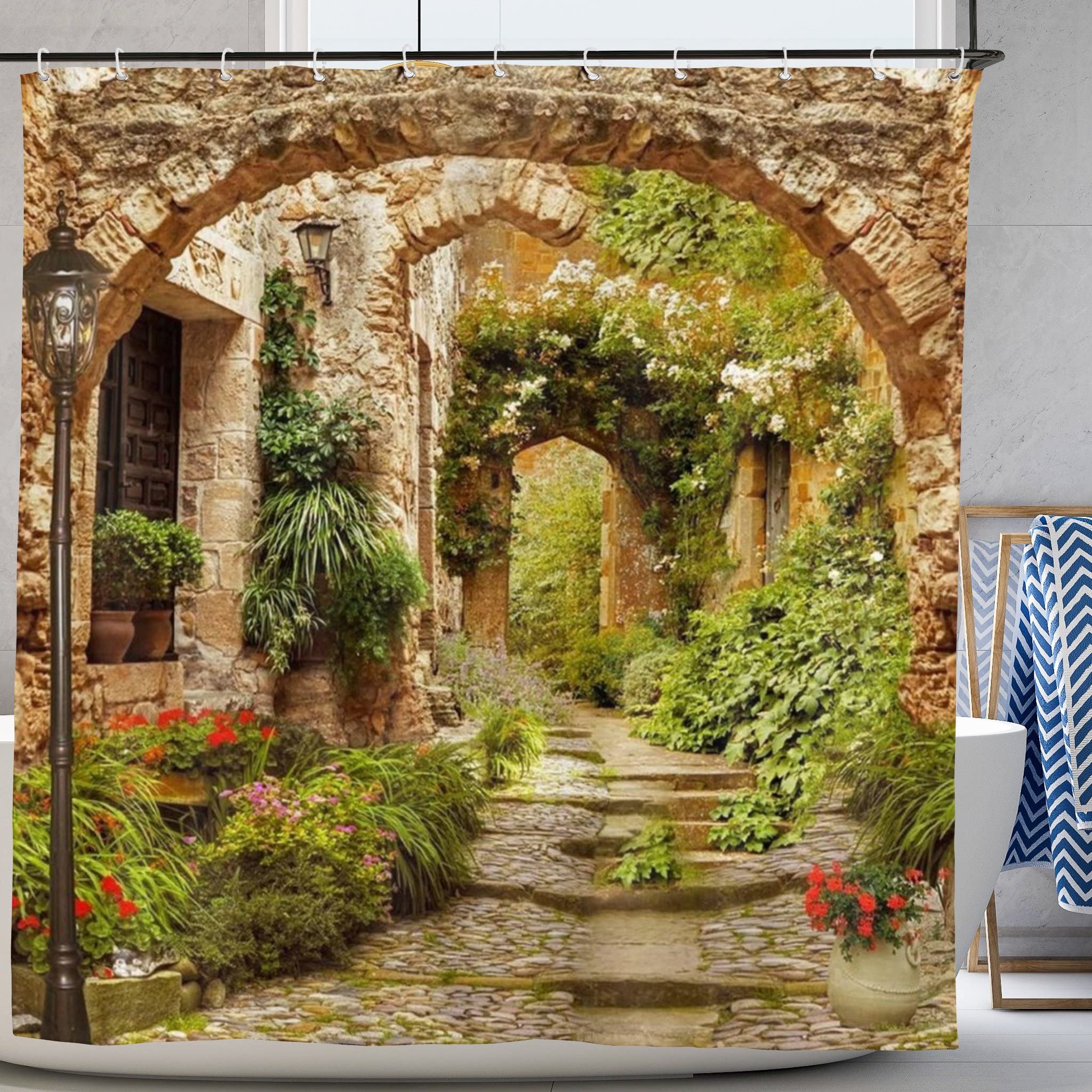 Abaysto Color 11 Magical Garden Shower Curtain Polyester Fabric Waterproof Bath Curtain, Patio Stones Pattern For Shower Stall, Bathroom Curtains With 12 Pcs Hooks 180X180cm