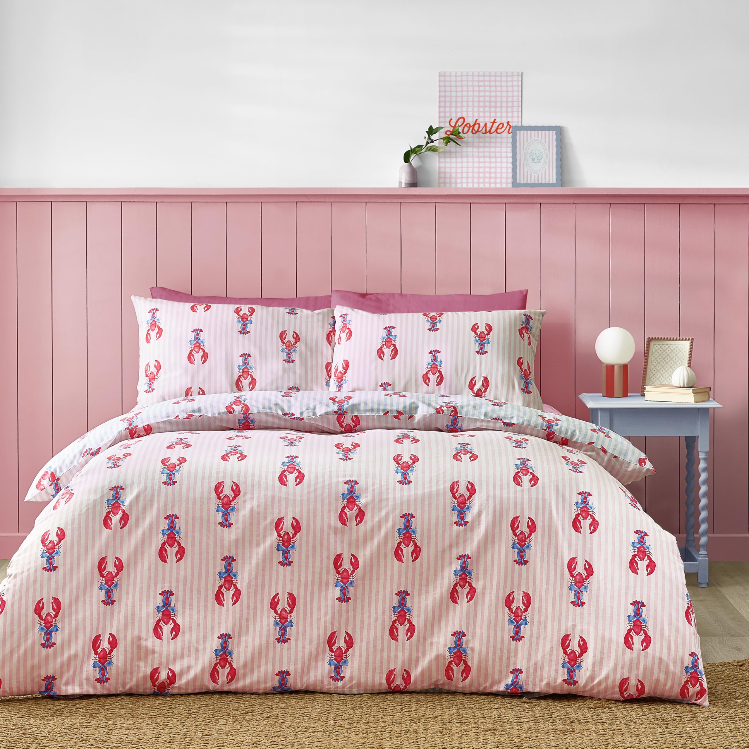 Sassy B Lobster Stripe Reversible Double Duvet Cover Set with Pillowcases Pink/Blue