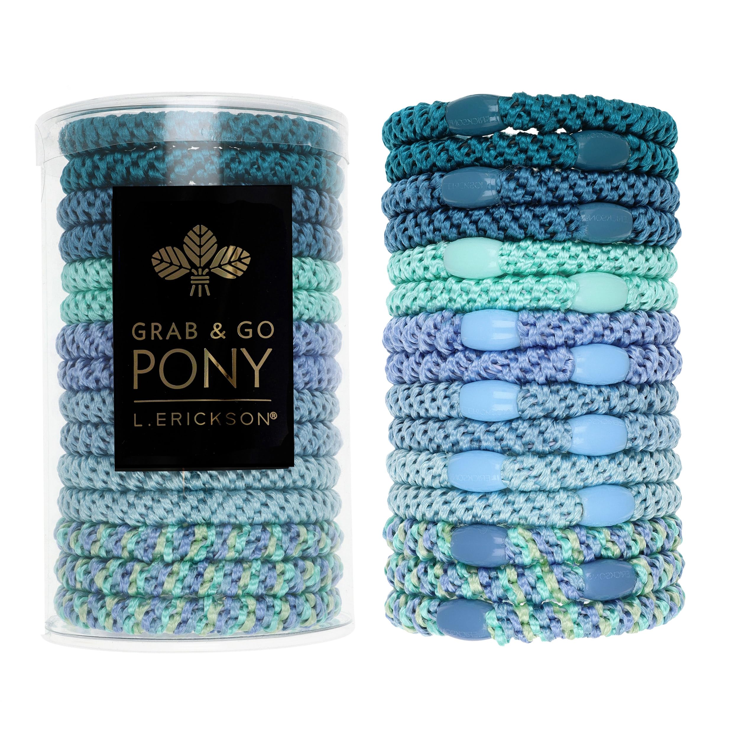 Blue and Green Hair Ties for Thick Hair, Grab & Go Pony Tube, 15 Pack, Corsica, Thick No-Crease Bands with Strong Hold, Damage-Free Design, Fresh