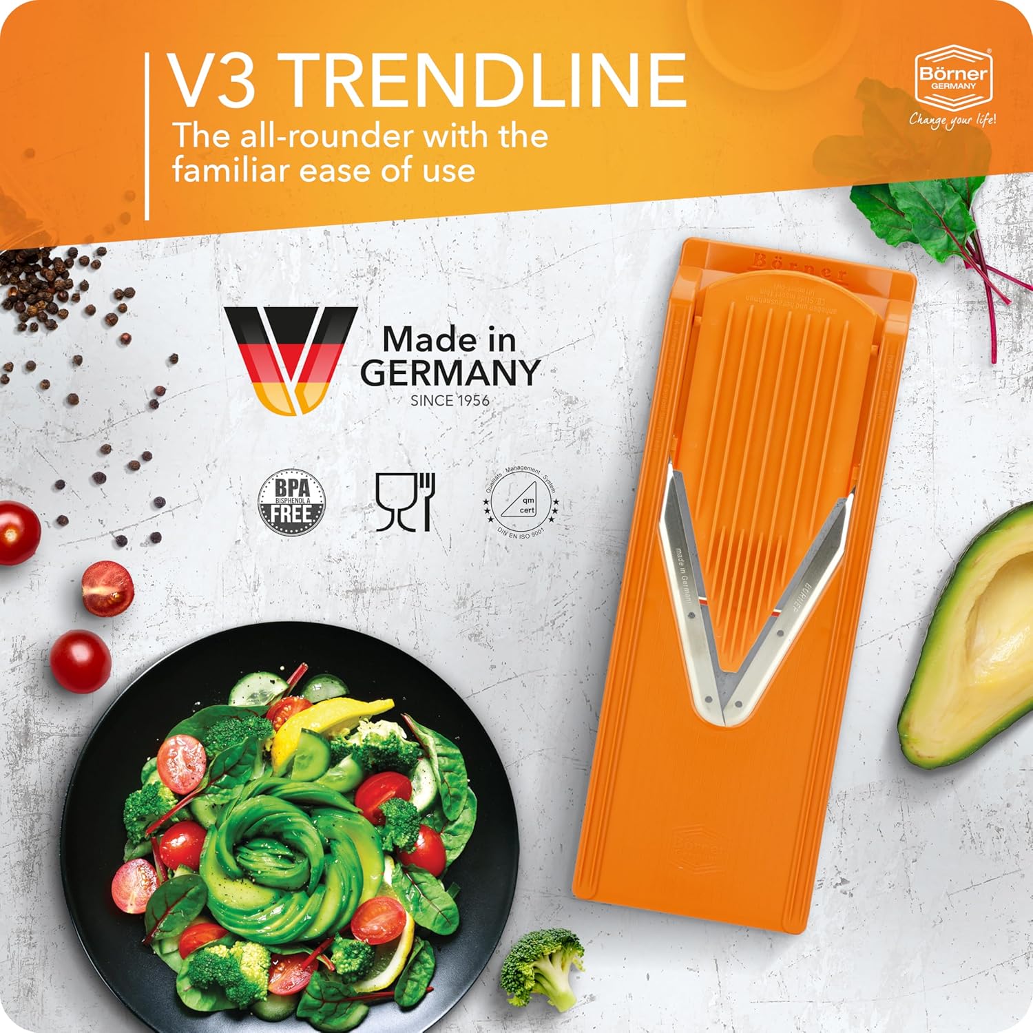 Börner Mandoline Slicer V3 (Starter Set) • V-Slicer for 5 Cutting Styles with Fruit Holder • Adjustable Vegetable Slicer for Vegetables & Fruits • Stainless Steel V-Blade • Color: Orange