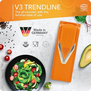 Borner Mandoline Slicer V3 (Starter Set) V-Slicer for 5 Cutting Styles with Fruit Holder Adjustable Vegetable Slicer for Vegetables & Fruits Stainless Steel V-Blade Color: Orange