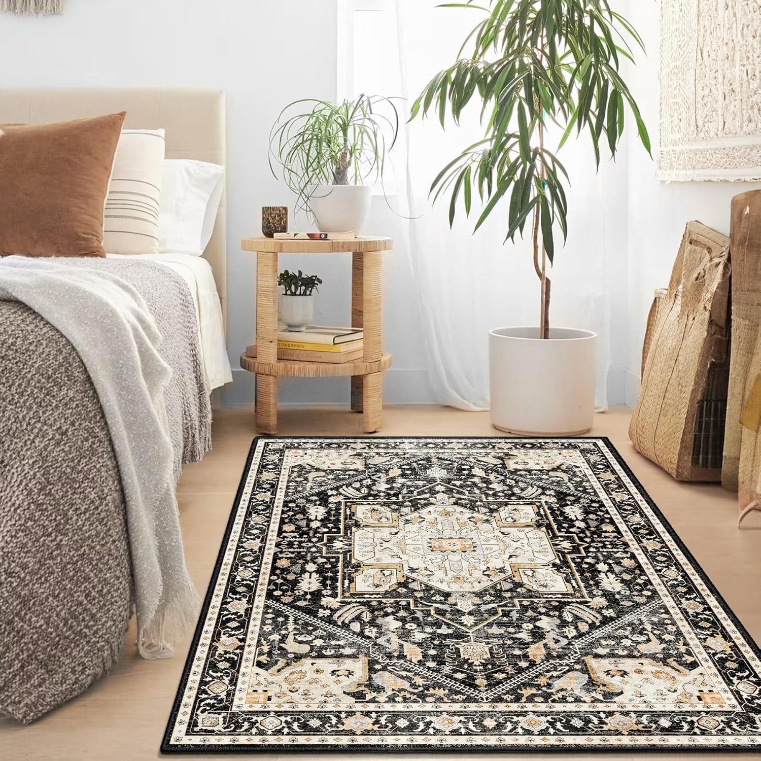 MUJOO Black Rug 3'x5' Washable,Boho Small Area Rugs for Bedroom Entryway Living Room Kitchen,Non Slip Carpet Indoor,Vintage Soft Black and Gold Floral Rug
