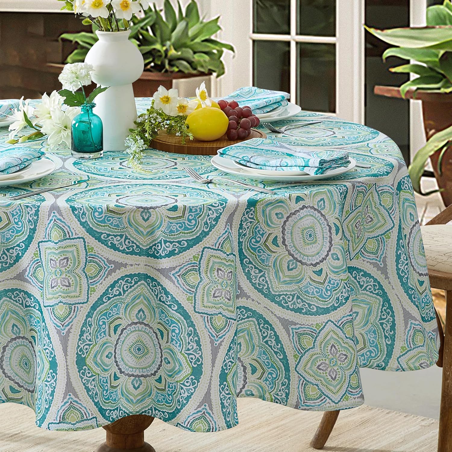 Newbridge Oval Fabric Tablecloth, Santorini Mosaic Glass, 60 x 84 Inch, Indoor Outdoor Stain and Water Resistant Heavy Weight Dining Table Cover, Mediterranean Blue and Green