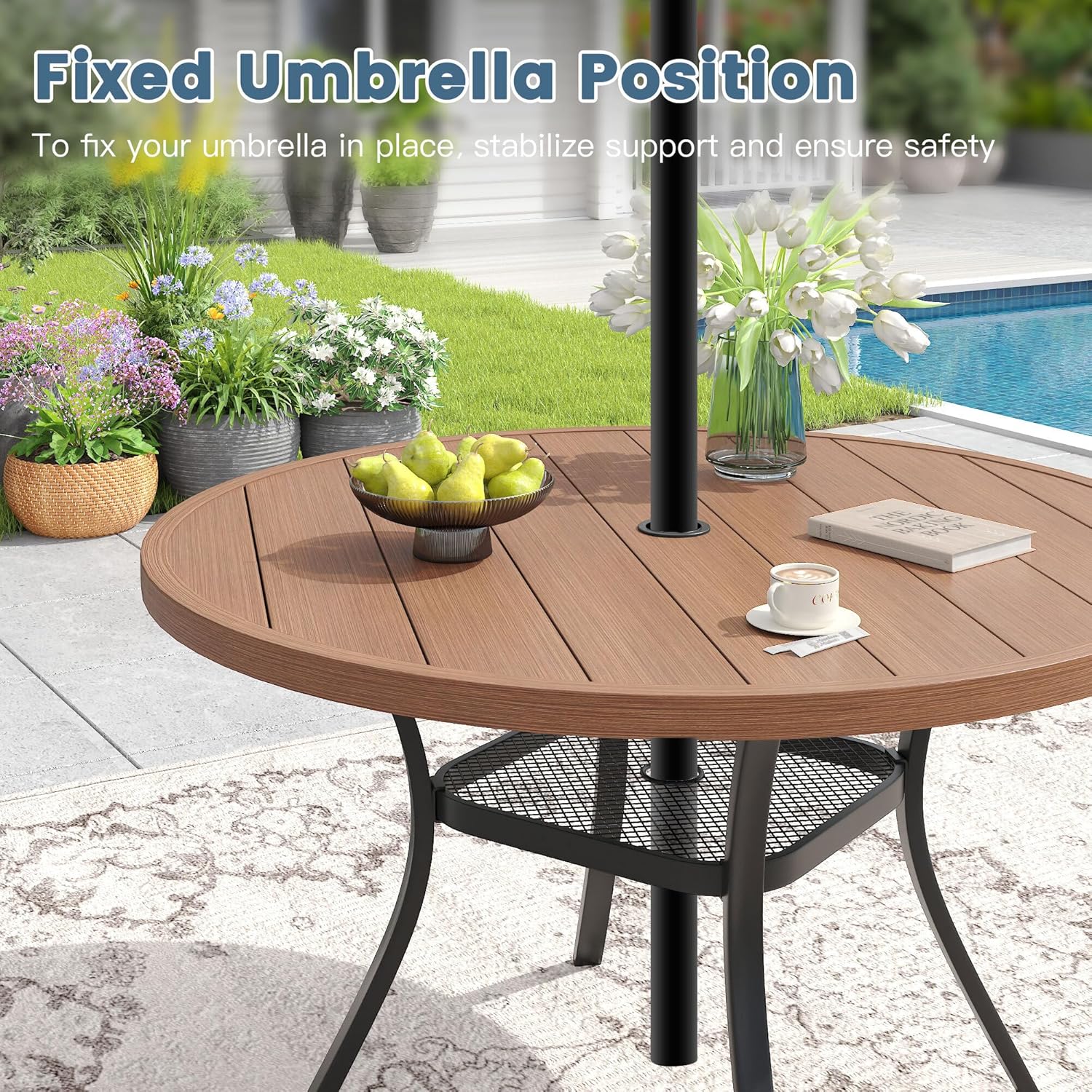 DIFY 5 Pieces Outdoor Dining Set for 4, 40.6" Round Dining Table with Umbrella Hole & Wicker Swivel Patio Chairs with Cushions, Metal Patio Table and Chairs Set for Backyard Porch Garden, Walnut