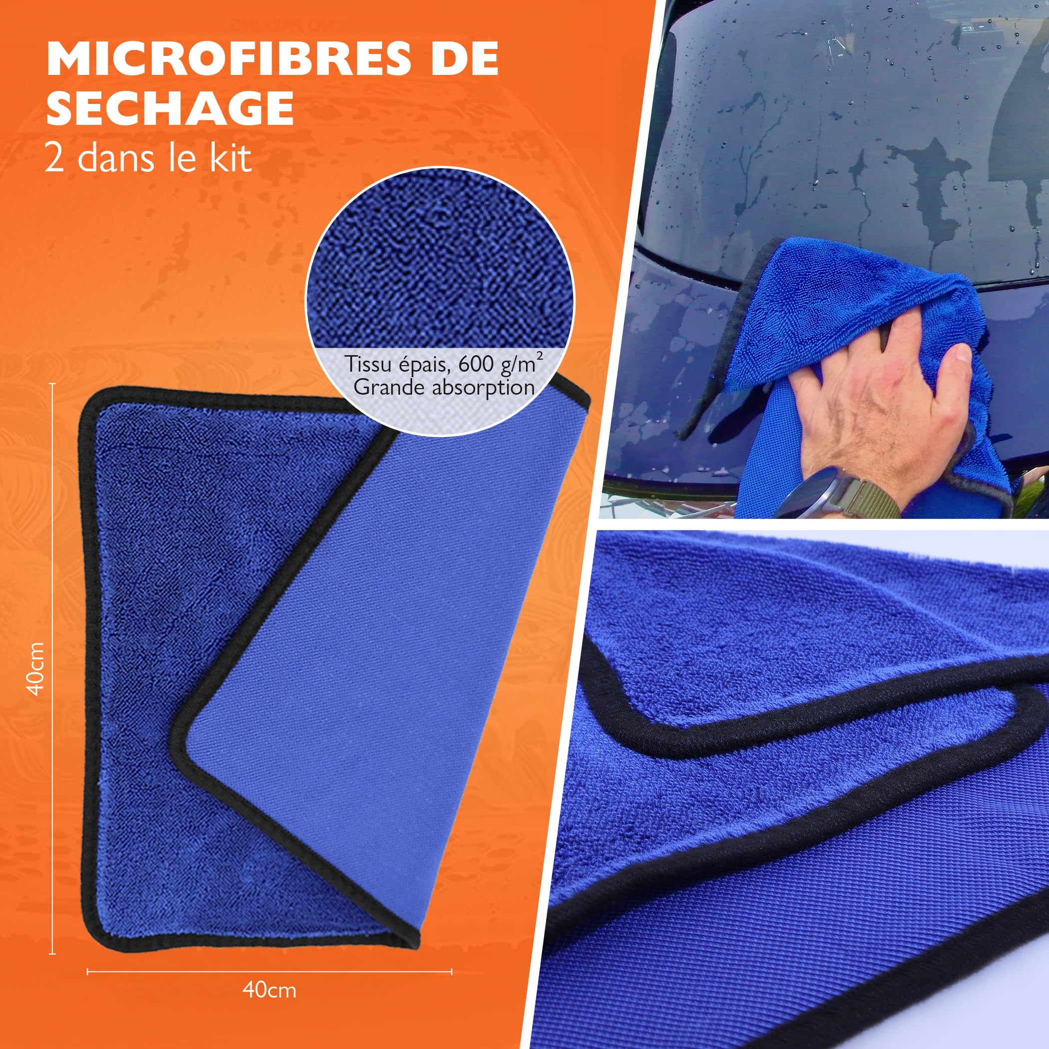 Kit Nettoyage Voiture,12PCS, Bouteille Spray Mousse prélavage, Gant Lavage Microfibre, Brosses Jantes et pneus, Pinceaux De Détail, Sac De Rangement