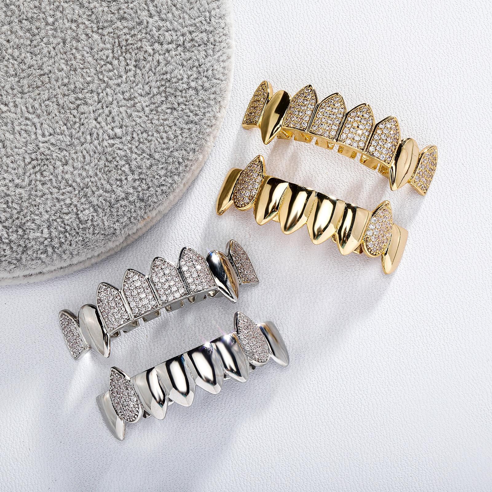 Generic Hip Hop Cosplay Braces Dientes Grillz Halloween Street Rap Fangs Zirconia Gold Plated Iced Out Vampiro Dientes con barras de moldeo extra,Plata