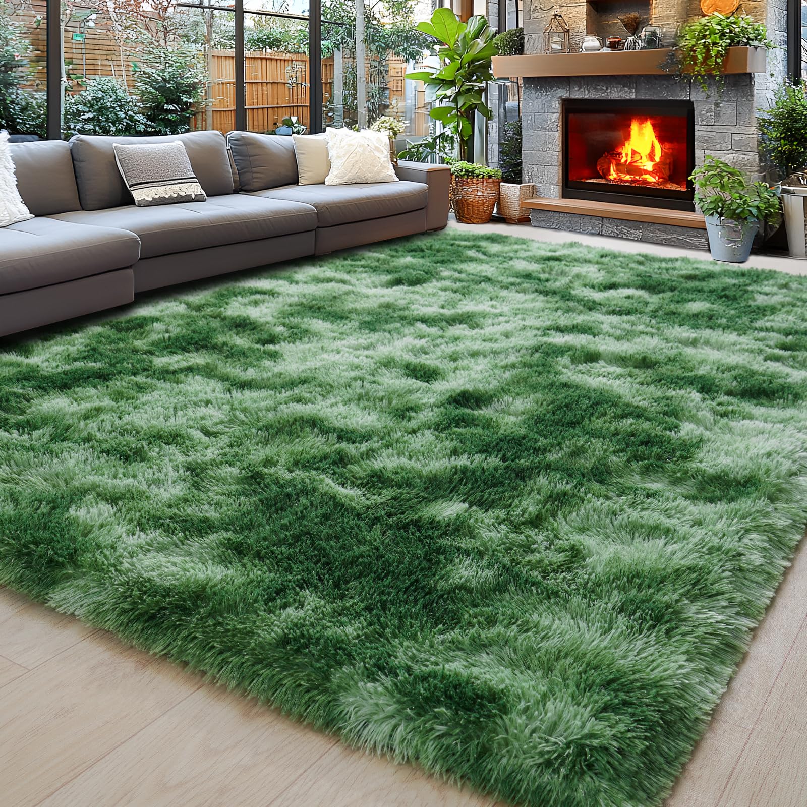 Tapis de chambre vert tie-dye moelleux, l'élégance de la décoration moderne