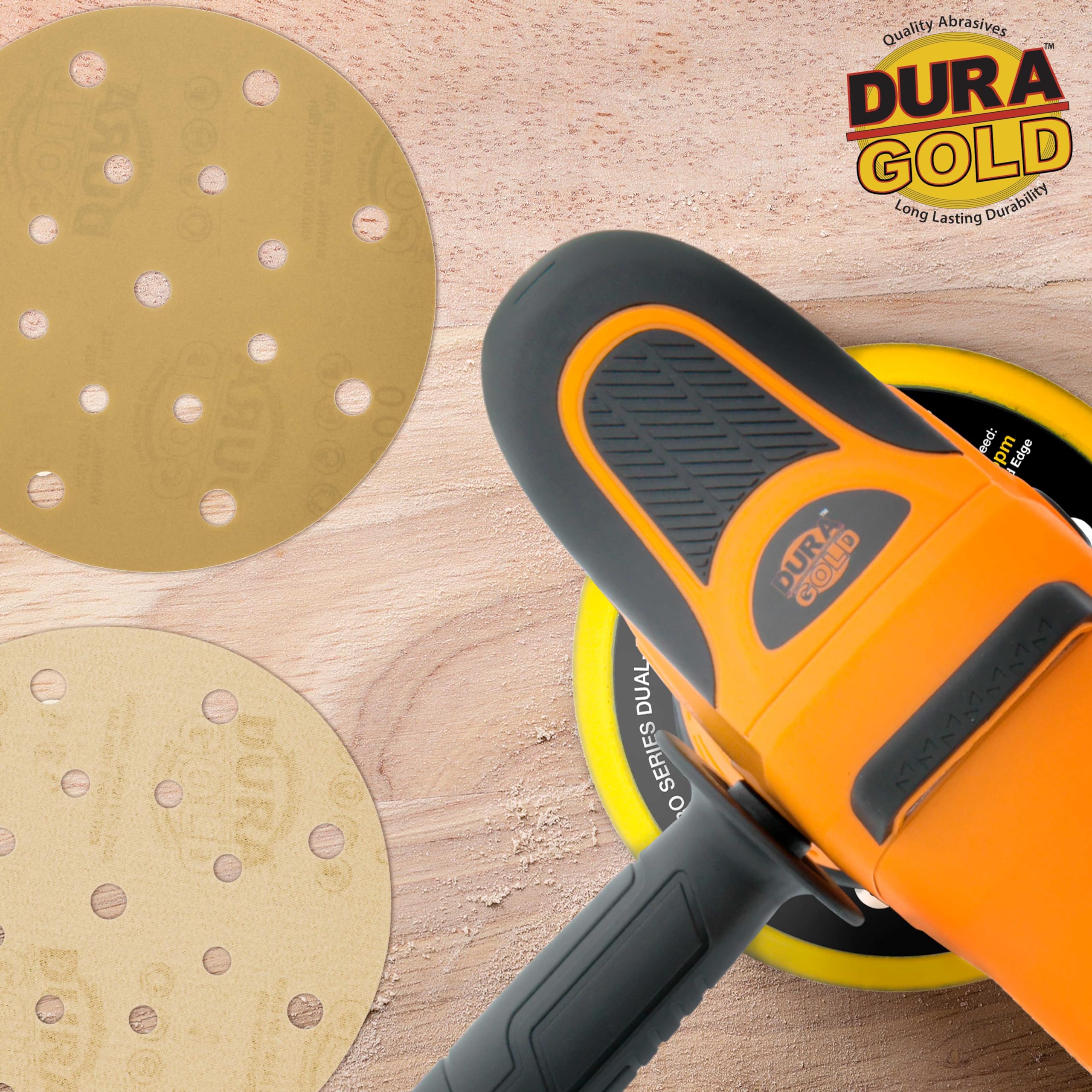 Dura-Gold Discos de lija dorados de alta calidad de 6 pulgadas, grano 500 (caja de 50), papel de lija de 17 agujeros, sin polvo, para lijadoras DA, óxido de aluminio abrasivo, arena para pintura