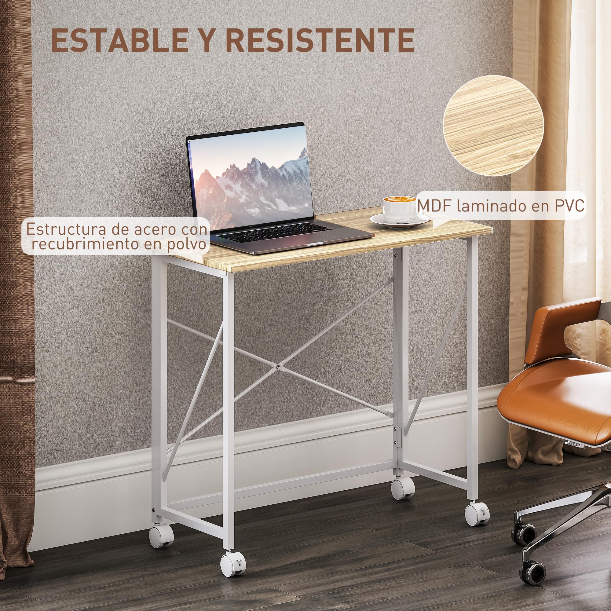 HOMCOM Escritorio Plegable con Ruedas Compacta Casa 80x40x75 cm Natural | Mesa Escritorio Compacta, Mesa de Ordenador Portátil, para Oficina, Espacios Pequeños