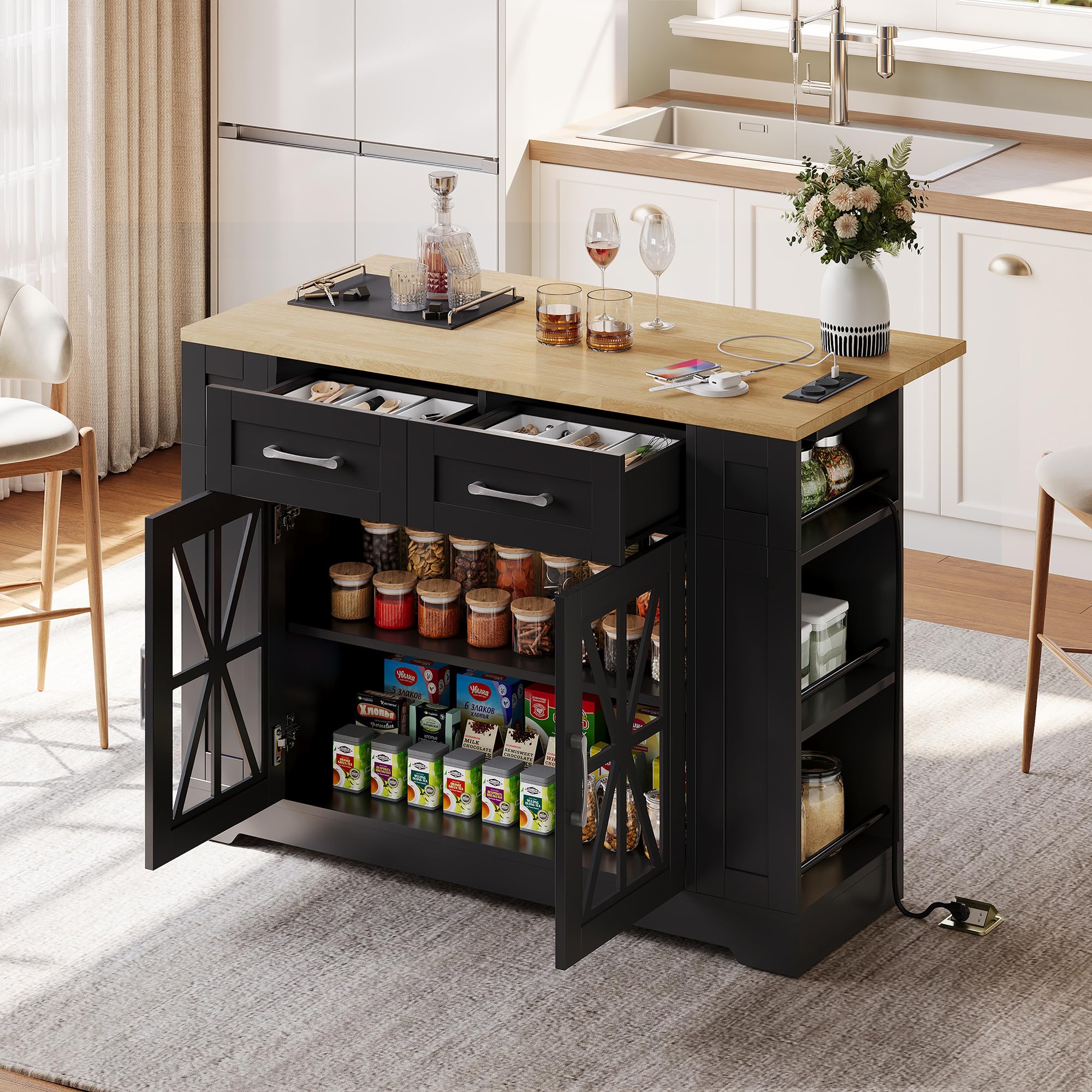 FammyLoft Kitchen Island on Wheels with Foldable Worktop, Rolling Kitchen Trolley with Glass Door, Built-in AC Socket & USB Ports, Lockable Castors, Storage Unit for Kitchen Dining Living Room, Black — image 1